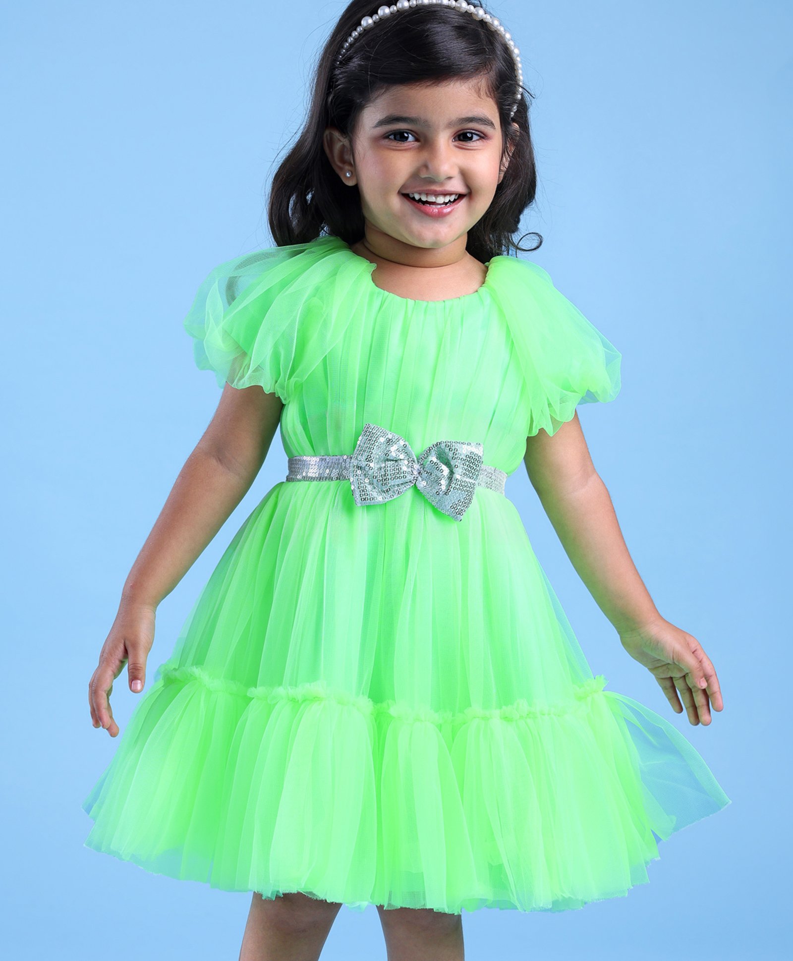 Babyhug Woven Cap Sleeves Party Wear Tiered Dress with Bow Applique - Neon Green-image-5