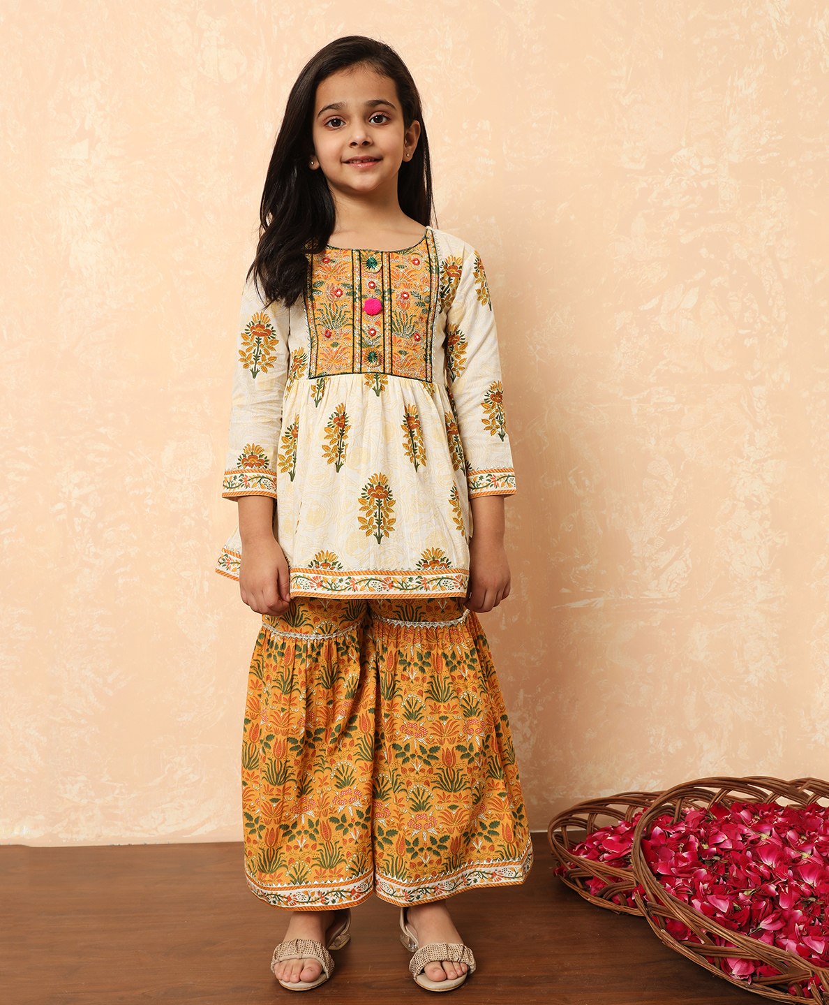 READIPRINT Three Fourth Sleeves Floral Printed & Lace Embellished Kurta & Sharara - Mustard-picture-5