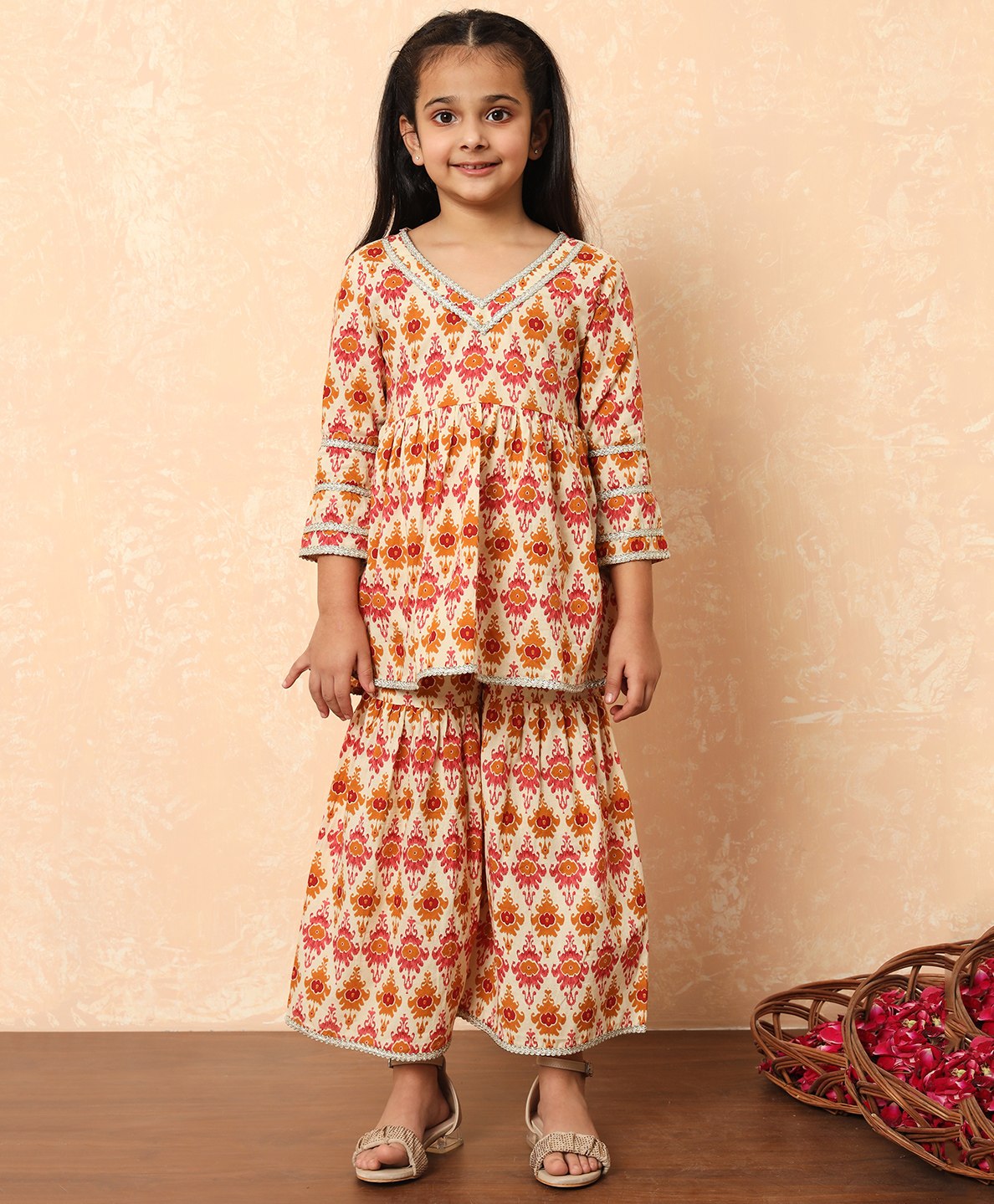 READIPRINT Cotton Three Forth Sleeves All Over Floral Printed With Lace Embellished Kurta & Sharara - Cream-picture-35