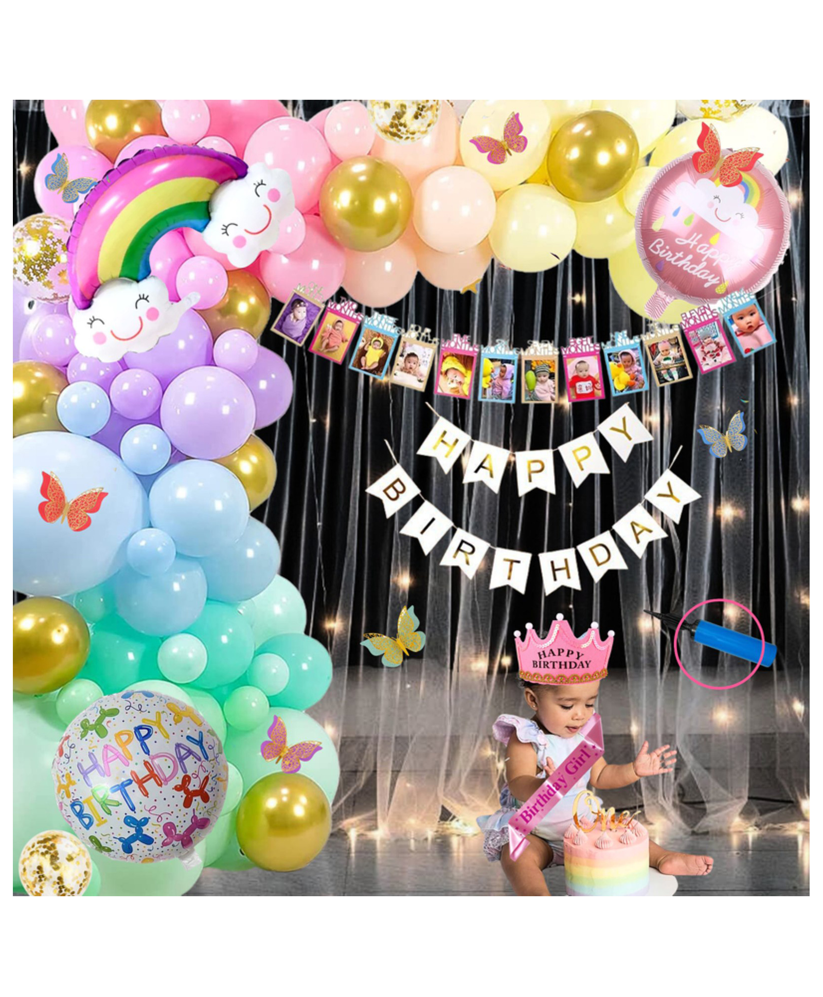 Puchku Premium Happy Birthday Rainbow Foil balloon Set for first 1st birthday Theme girl kids ( pack of 78  Multicolor)-image-42
