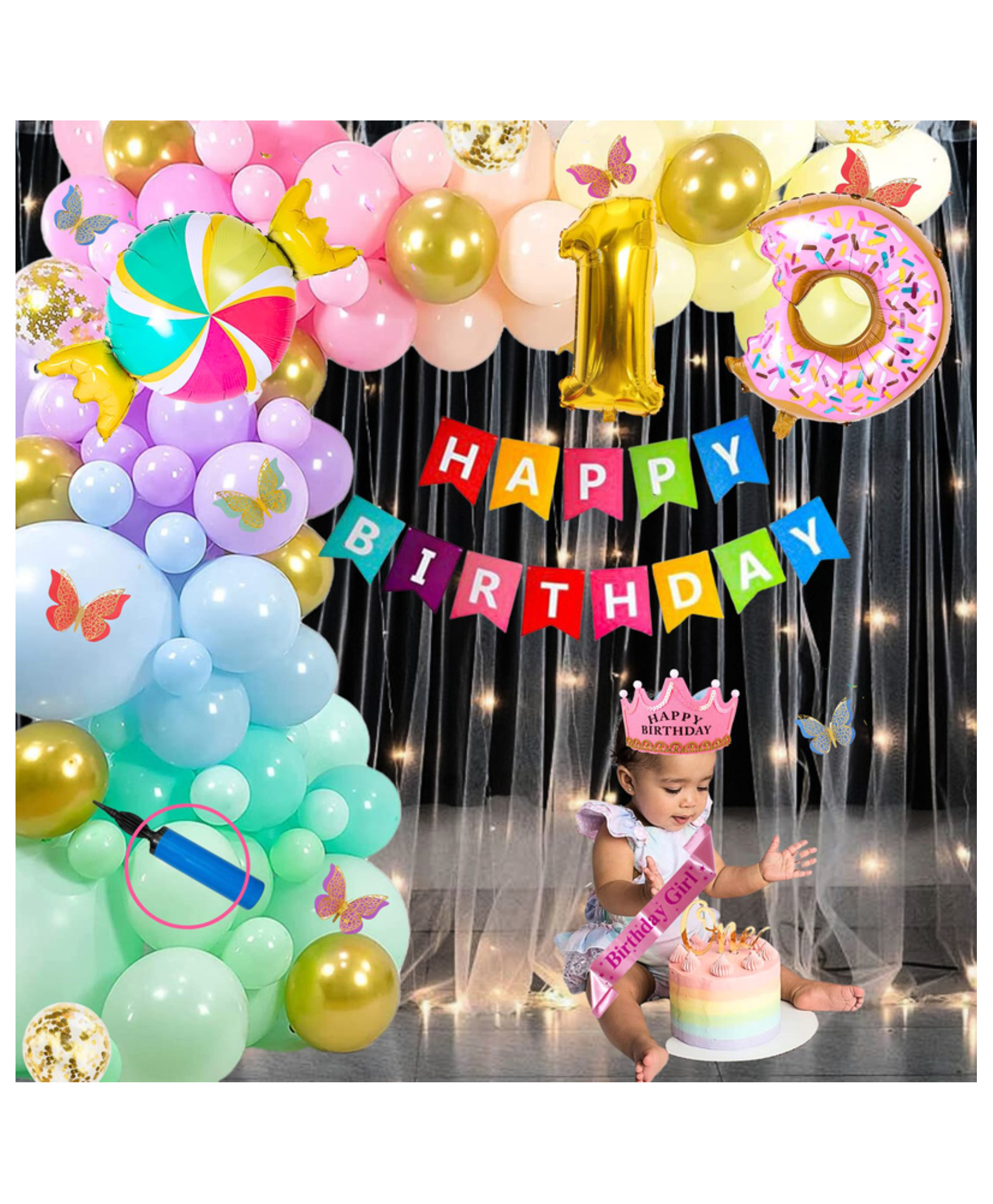 Puchku Premium Happy Birthday Donut Foil balloon Set for first 1st birthday Theme girl kids ( pack of 78   Multicolor)-image-38