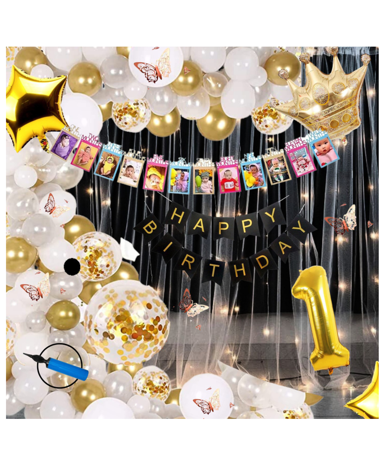 Puchku Premium Happy Birthday Foil balloon Set for first 1st birthday White Gold Theme boy girl kids ( pack of 89   white)-image-8