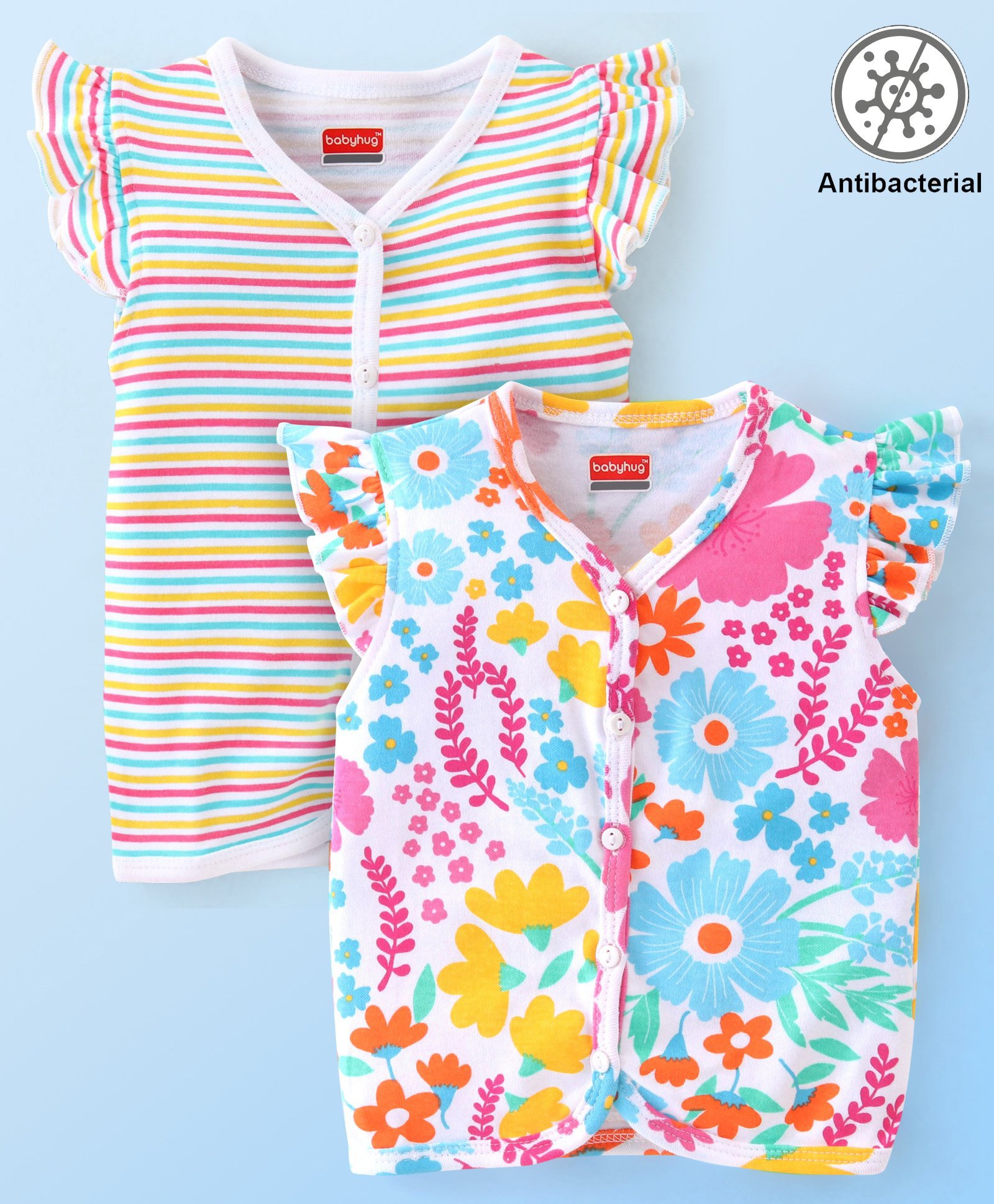 Babyhug 100% Cotton Interlock Knit Frill Sleeves Antibacterial Front Open Vest Stripes & Floral Pack of 2 - Multicolor-image-9
