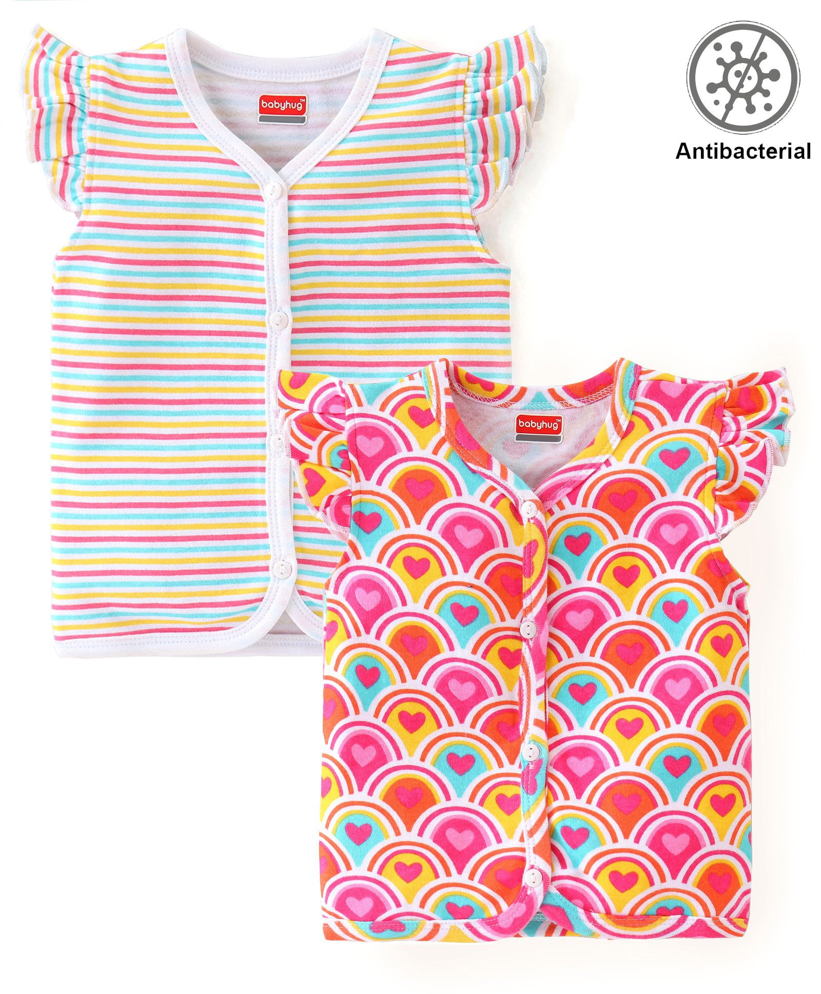 Babyhug 100% Cotton Interlock Knit Frill Sleeves Antibacterial Front Open Vest Stripes & Heart Print Pack of 2 - Multicolor-image-10