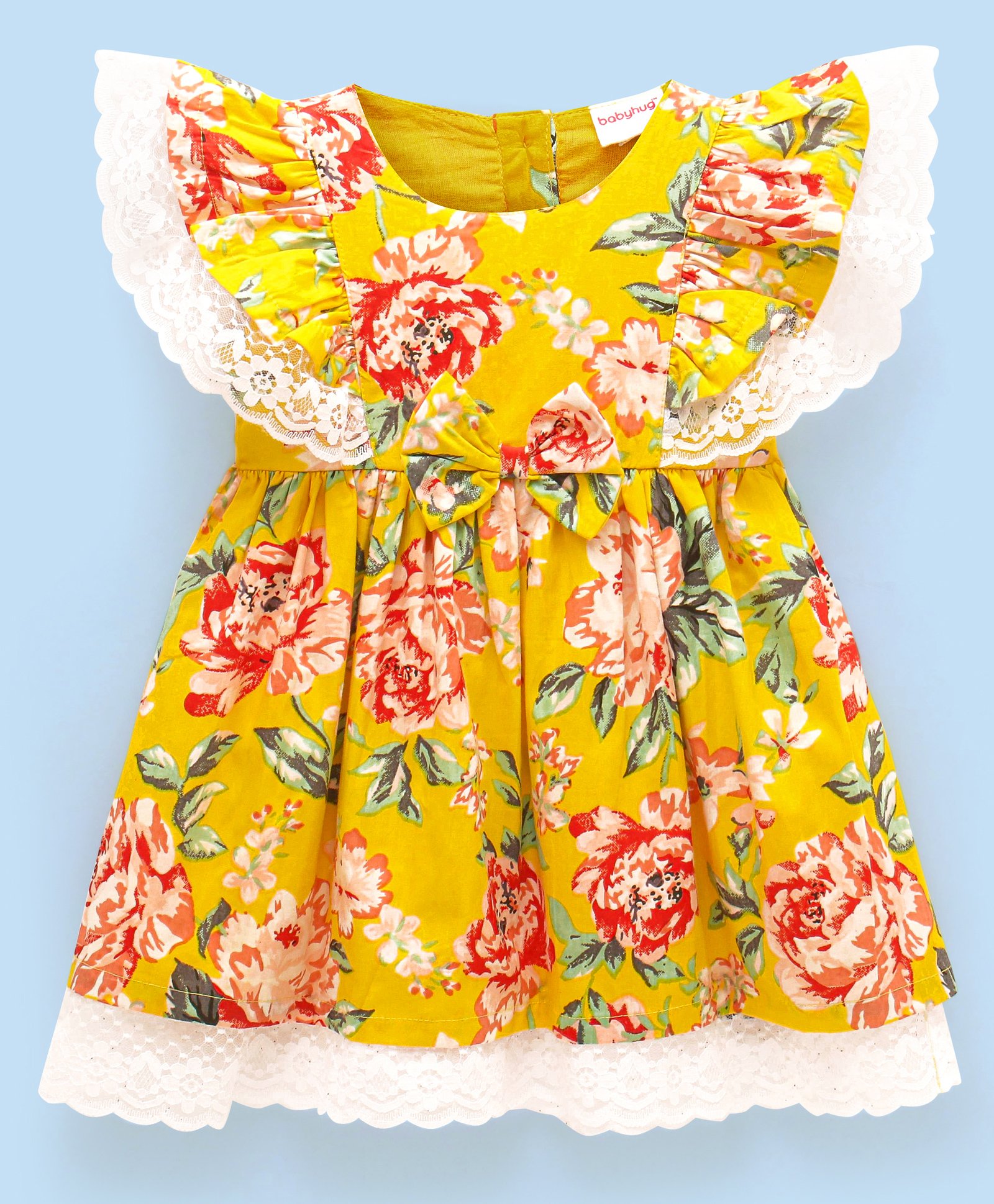 Babyhug 100% Viscose Woven Half Sleeves Frock with Floral Print - Yellow-picture-38