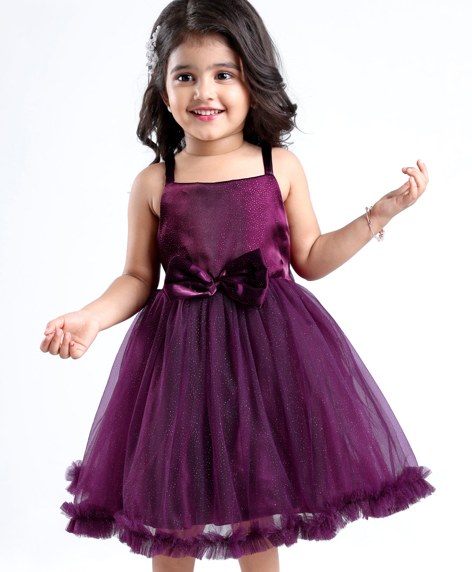 Babyhug Sleeveless Fit and Flare Glittery Party Frock with Bow Applique - Aubergine-picture-24