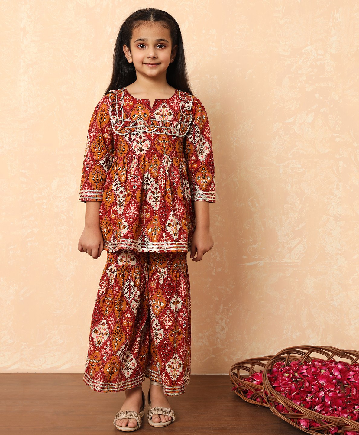 READIPRINT Three Fourth Sleeves Floral Printed With Gota Lace Embellished Kurta With Sharara - Maroon-picture-28