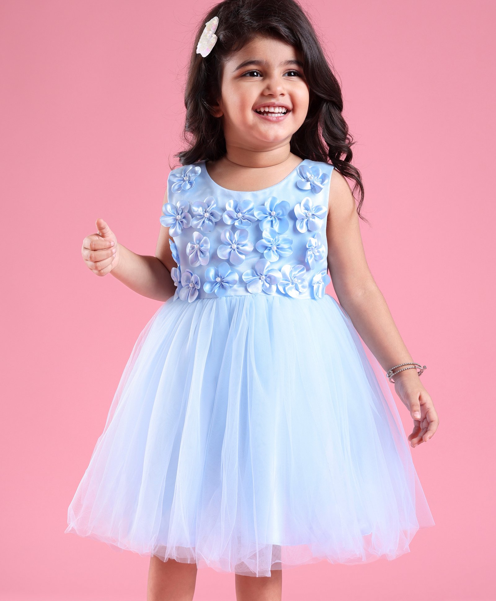 Babyhug Sleeveless Fit & Flared  Party Frock with 3D Floral Applique Pearl Detailing - Blue-image-38