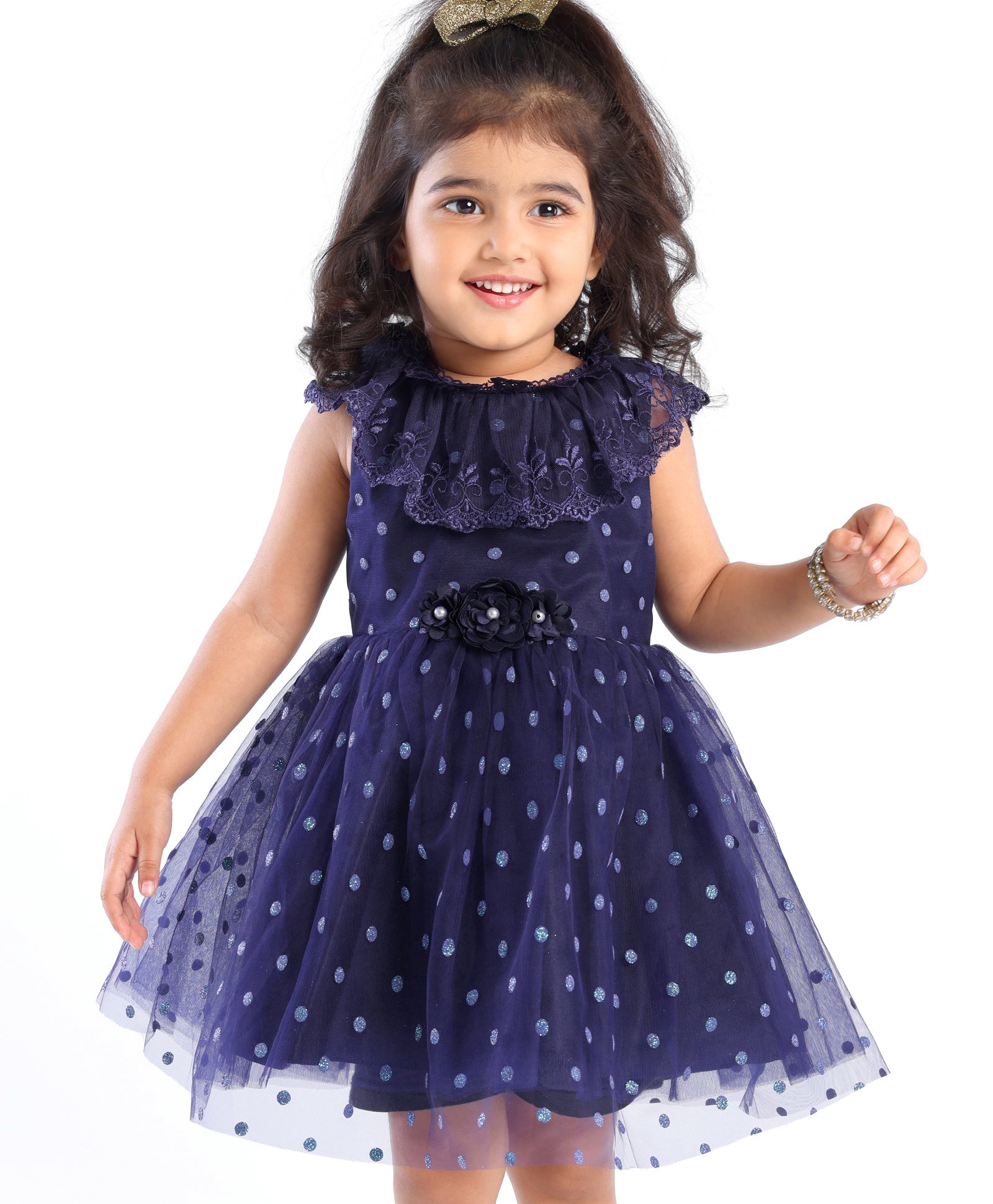 Babyhug Sleeveless Lace & Polka Dots Detailing Fit & Flare Party Frock - Dark Blue-image-28