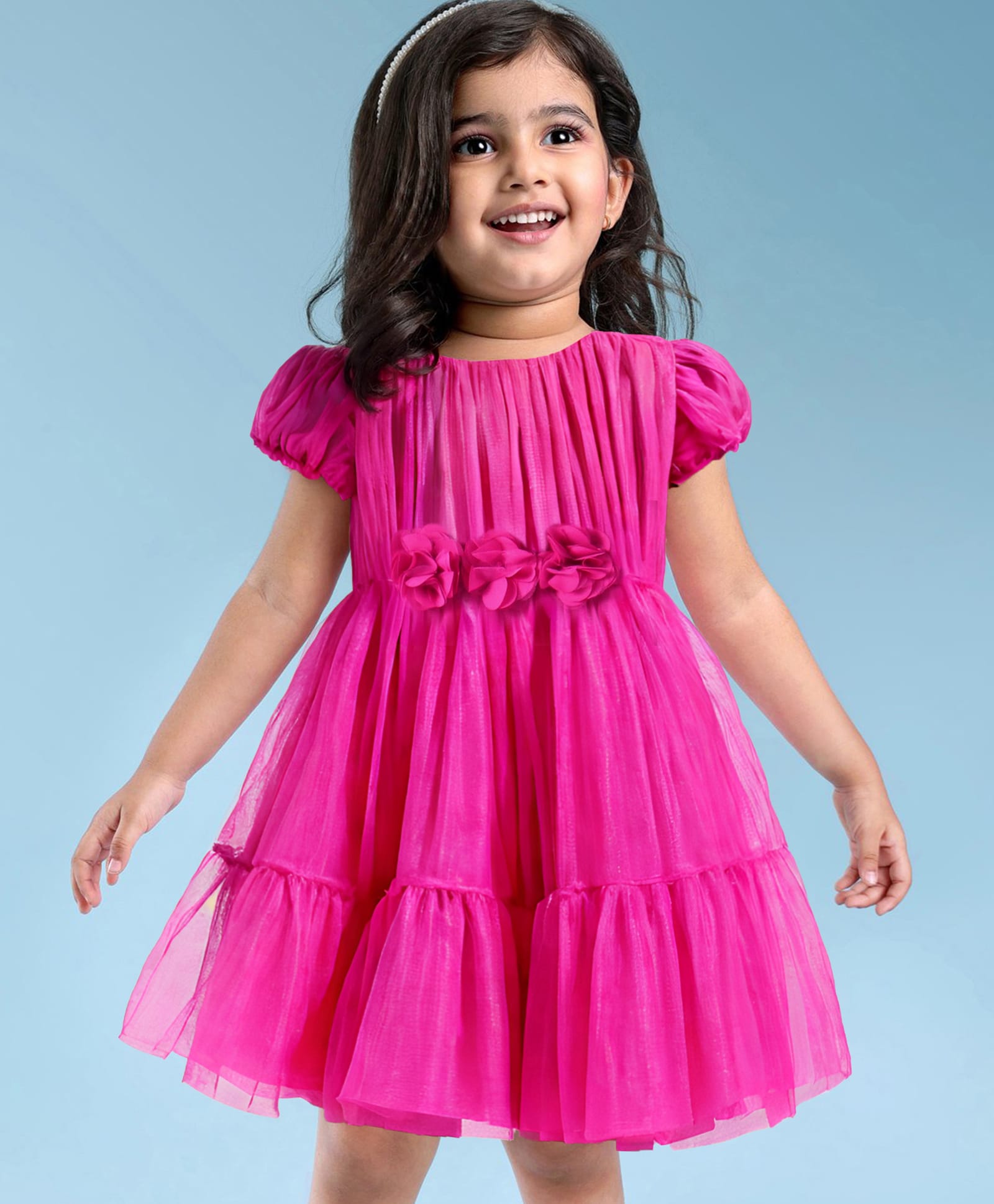 Babyhug Woven Half Puffed Sleeves Solid Color Party Frock with Floral Applique - Dark Pink-image-20