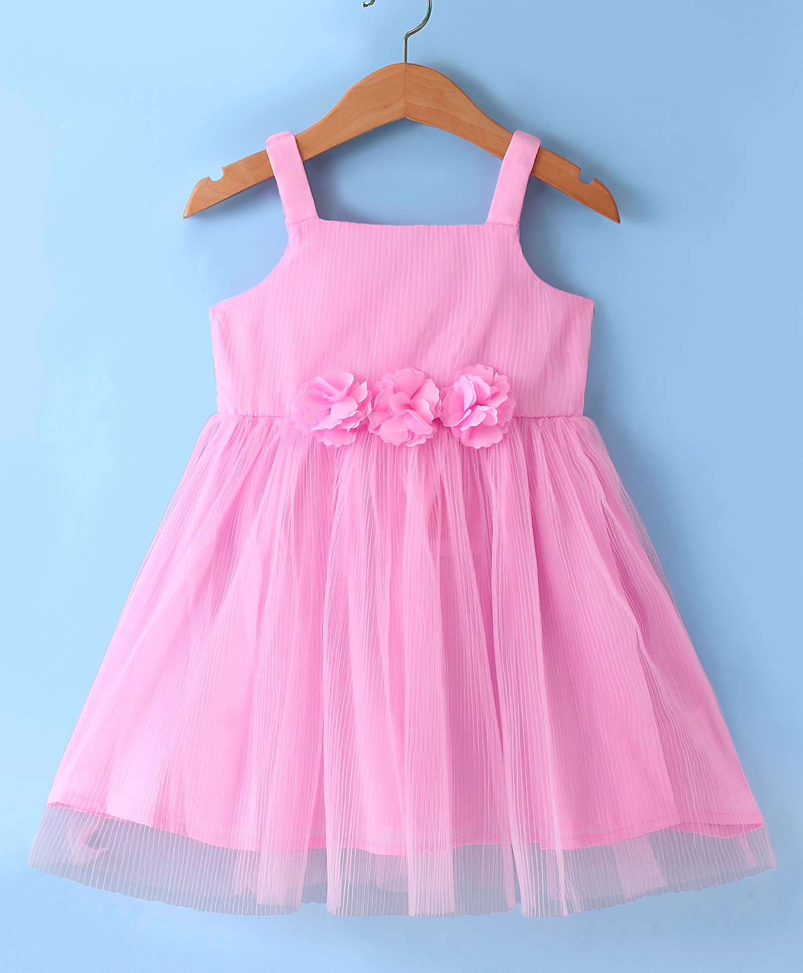 Babyhug Sleeveless Fit & Flared Solid Colour Party Frock with Floral Applique - Pink-image-13