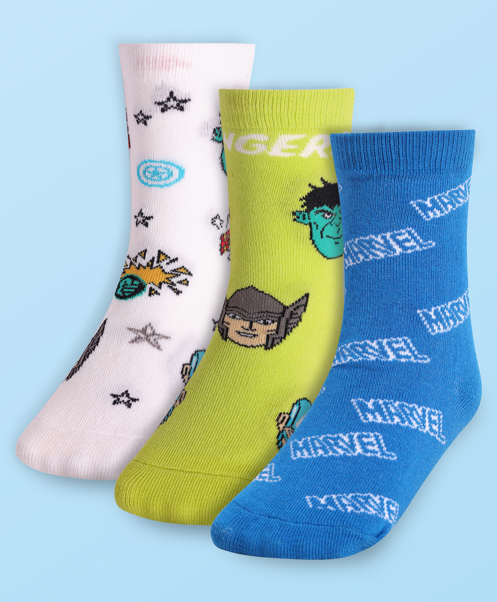 Cute Walk by Babyhug Marvel   Anti-Bacterial Ankle Length  Avengers Graphics Pack of 3- Blue & Green White-image-27