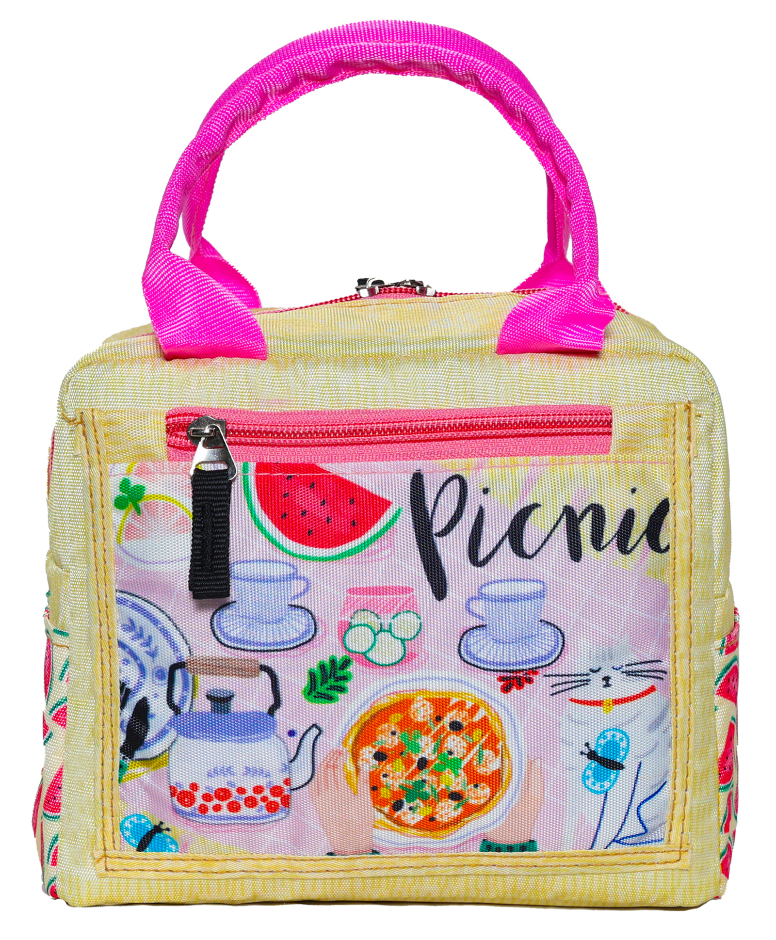 Echo Boomers Picnic Print Insulated Tiffin Lunch Bags for Kids with Multi Zipper Pockets - Yellow-image-35