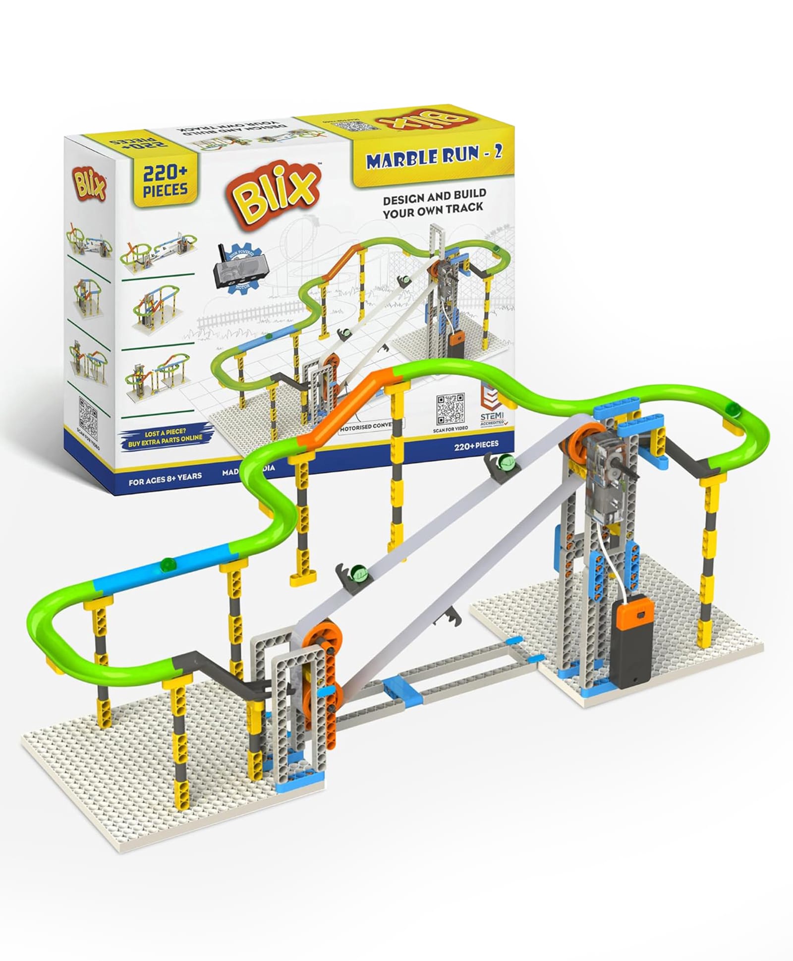 Zephyr Blix Marble Run 2 Motorised Conveyor Building Construction Set Multicolour - 170 Pieces-image-46