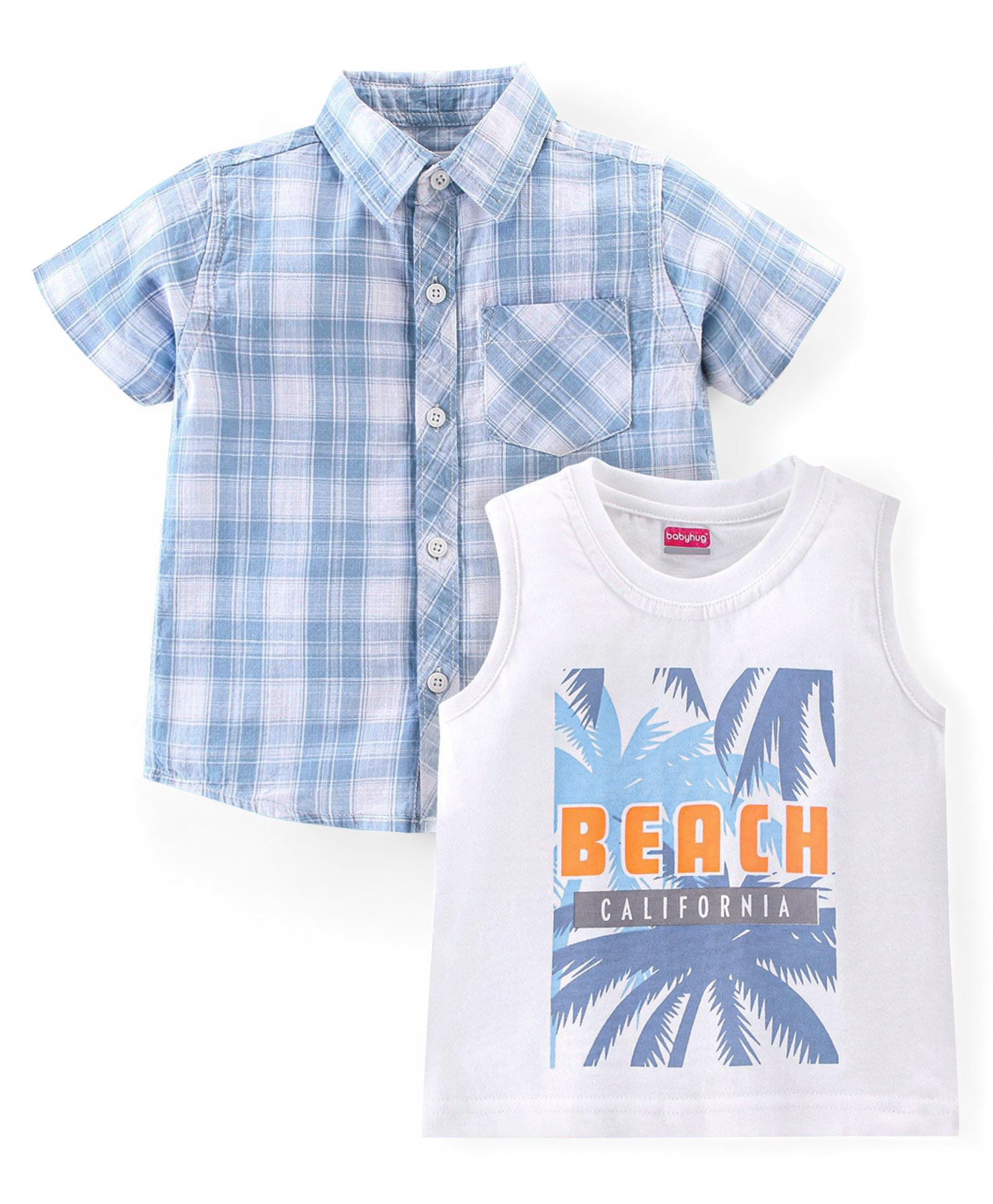 Babyhug 100% Cotton Woven Half Sleeves Checkered Shirt with Inner Tee Beach Print - Blue-picture-20