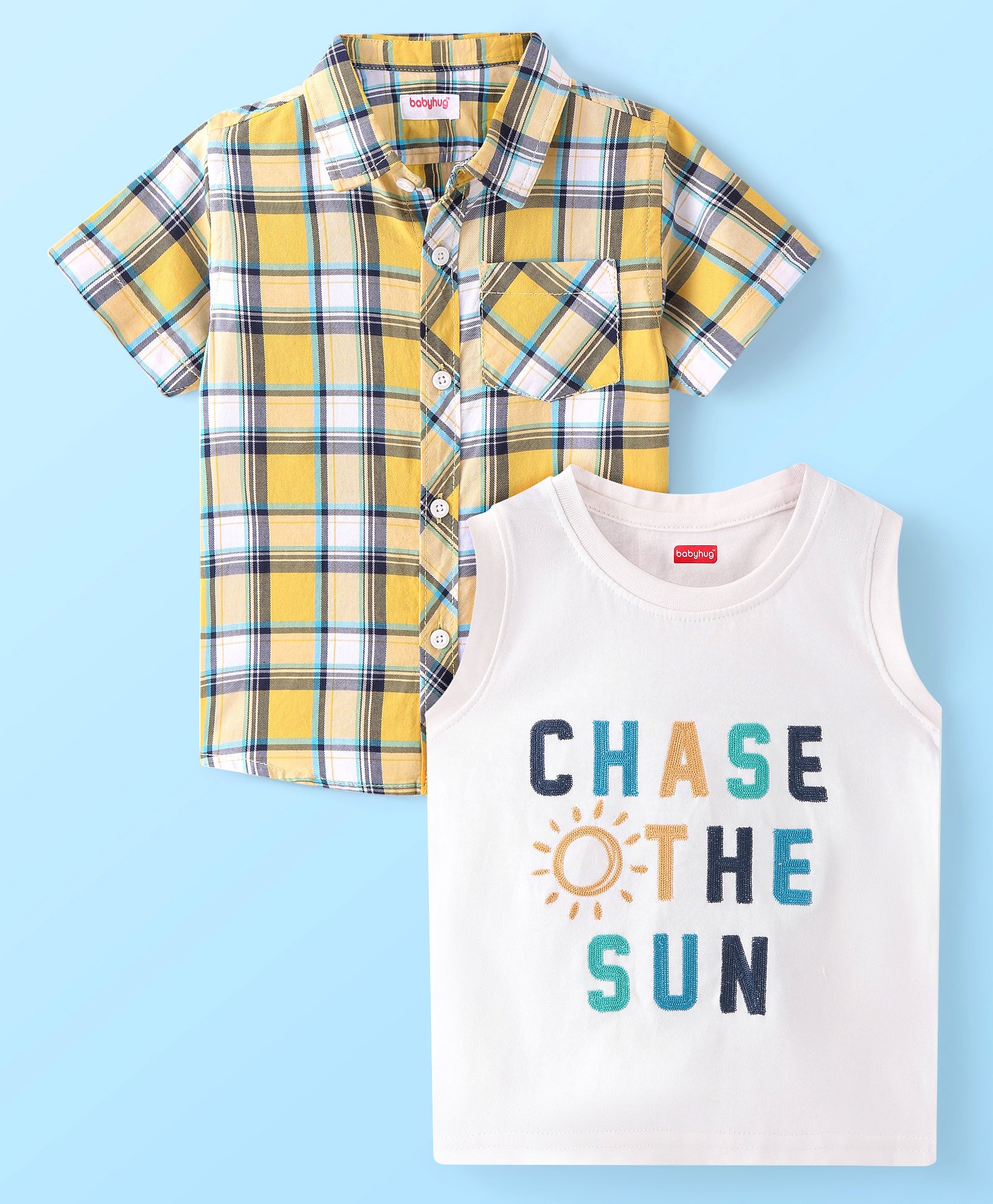 Babyhug Cotton Half Sleeve Checks Shirt with Printed Inner T-Shirt - Yellow & White-image-0