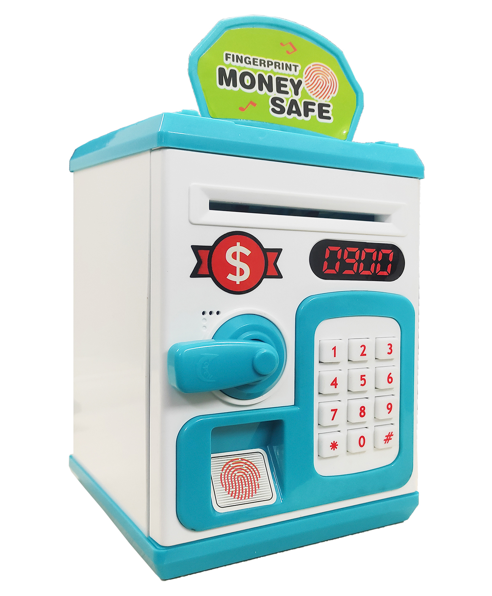 VGRASSP Premium Money Safe Piggy Bank Toy for Kids and Adults with 3 Step Unlock - Feed Number Password Touch Fingerprint Sensor Then Twist Handle to Open The Door (Blue - White)-image-16