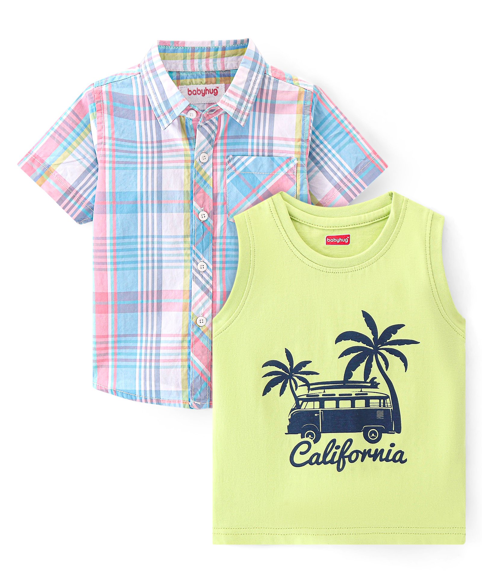 Babyhug Cotton Woven Half Sleeves Checked Shirt & California Print T-Shirt - Multicolor-image-25