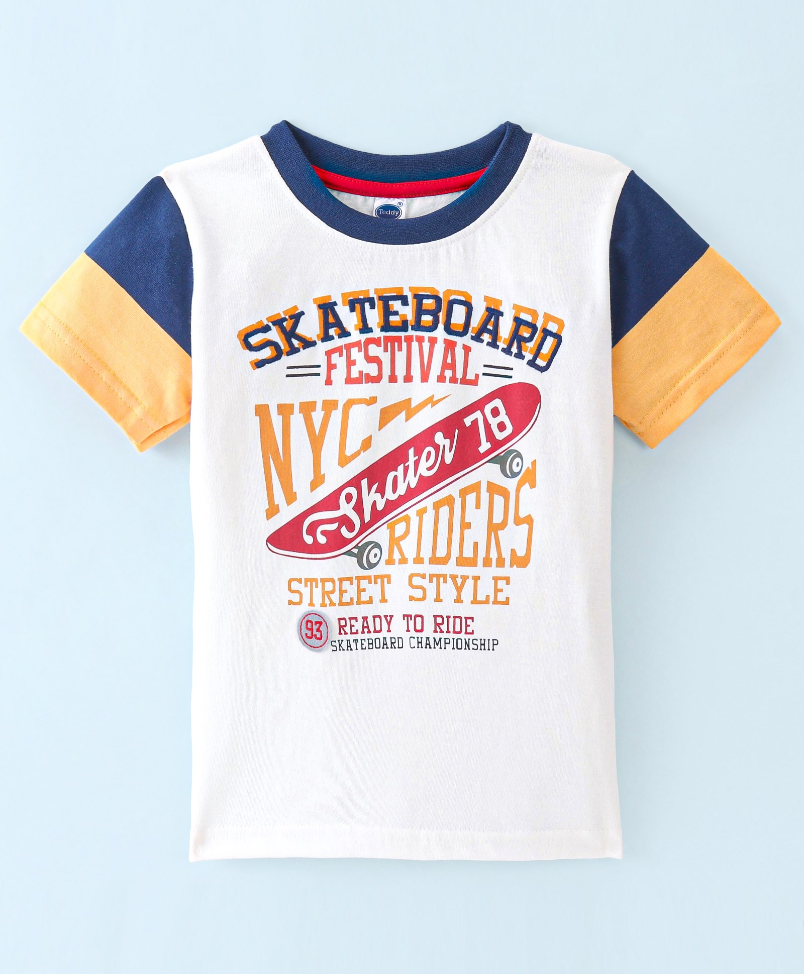 Teddy Sinker Cotton Knit Half Sleeves T-Shirt with Stripe & Text Print - White & Golden-picture-44