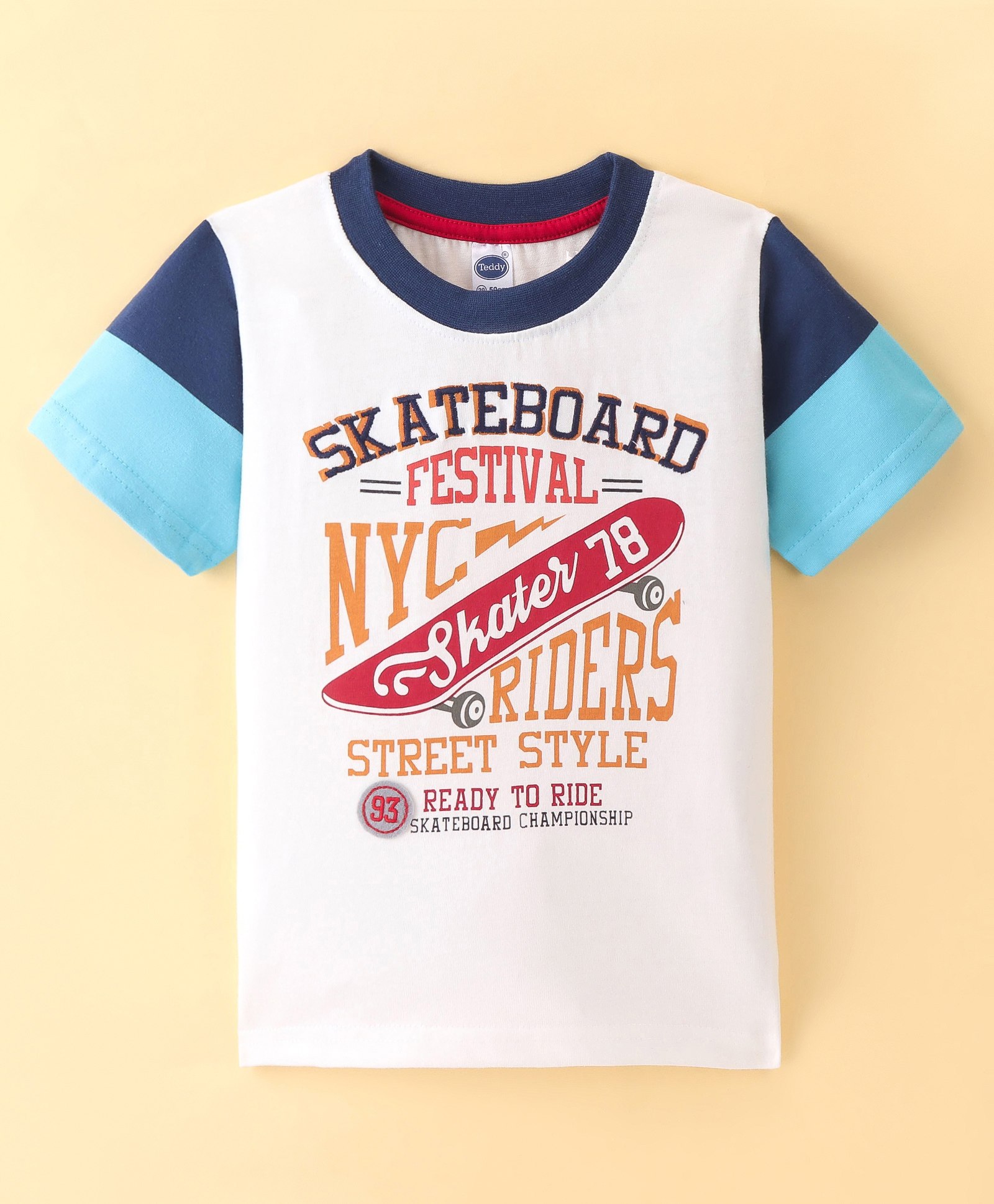 Teddy Sinker Cotton Knit Half Sleeves T-Shirt with Stripe & Text Print - White & Blue-picture-18