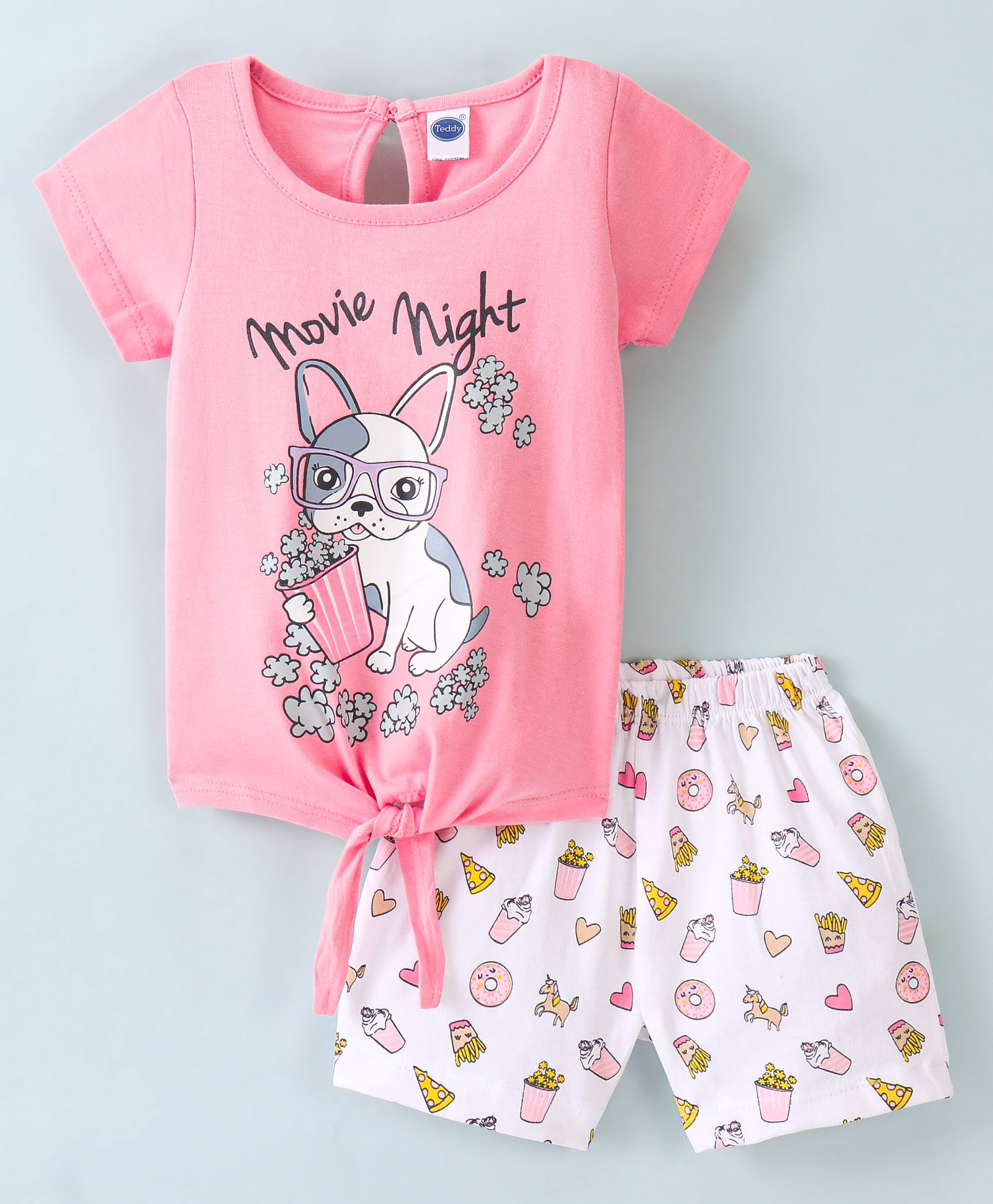 Teddy Sinker Knit Half Sleeves Top & Shorts With Puppy Print - Pink-image-47