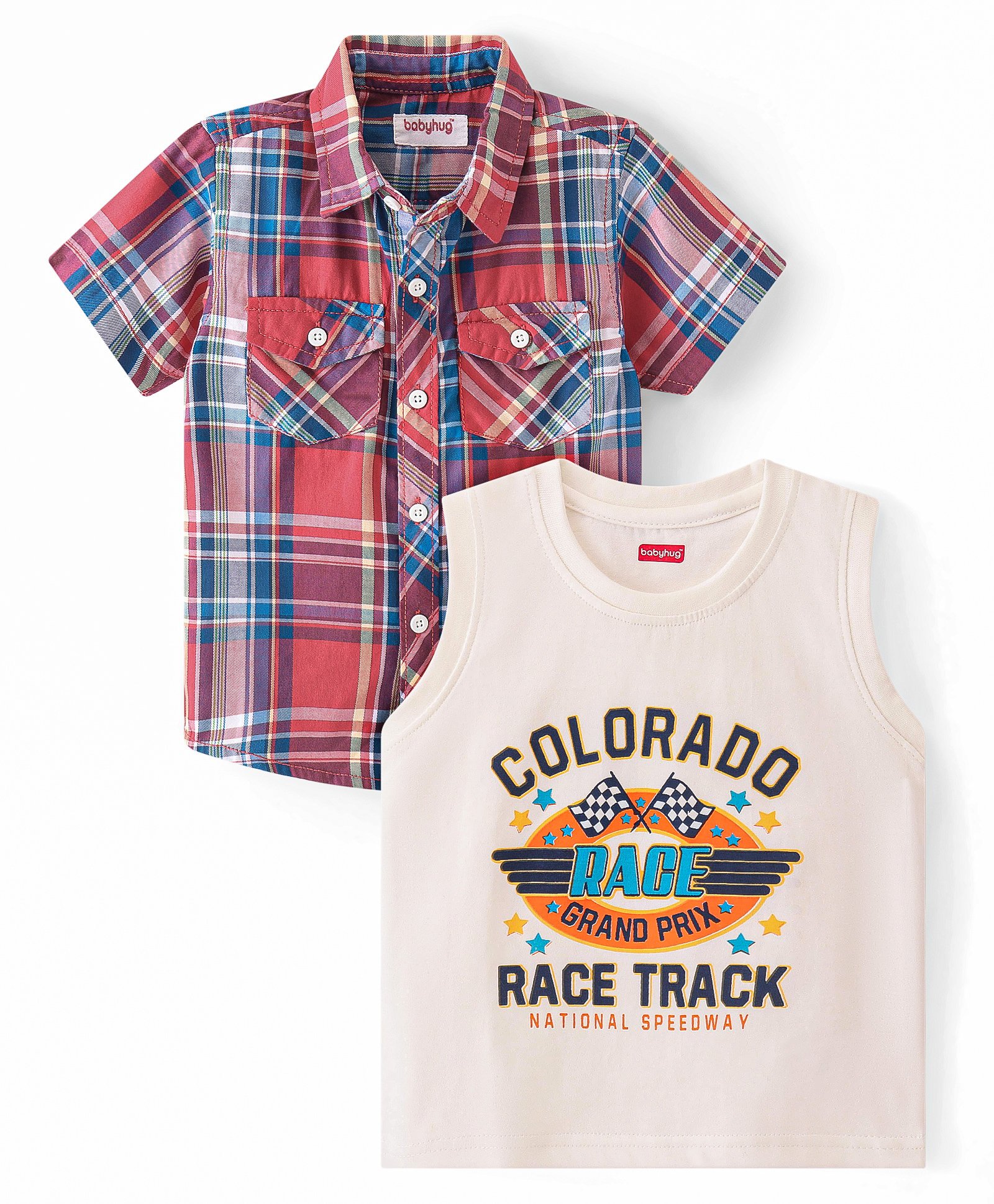 Babyhug Cotton Woven Half Sleeves Checked Shirt With Text Print T-Shirt - Multicolor-image-49