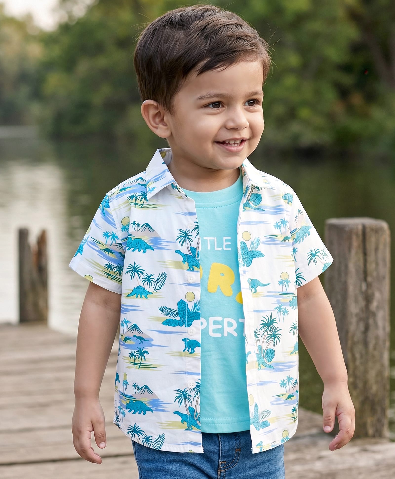 Babyhug Cotton Woven Half Sleeves Beach & Dino Printed Shirt with T-Shirt - Aqua Blue-image-6