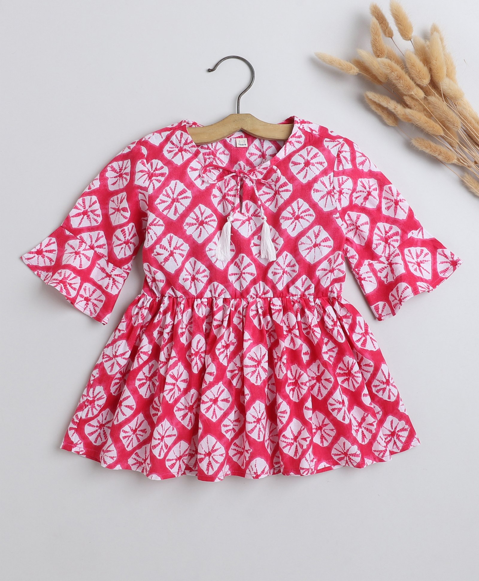 The Magic Wand Three Fourth Bell Sleeves Motif Printed With Tassel Detailed Top - Fuchsia Pink-image-36
