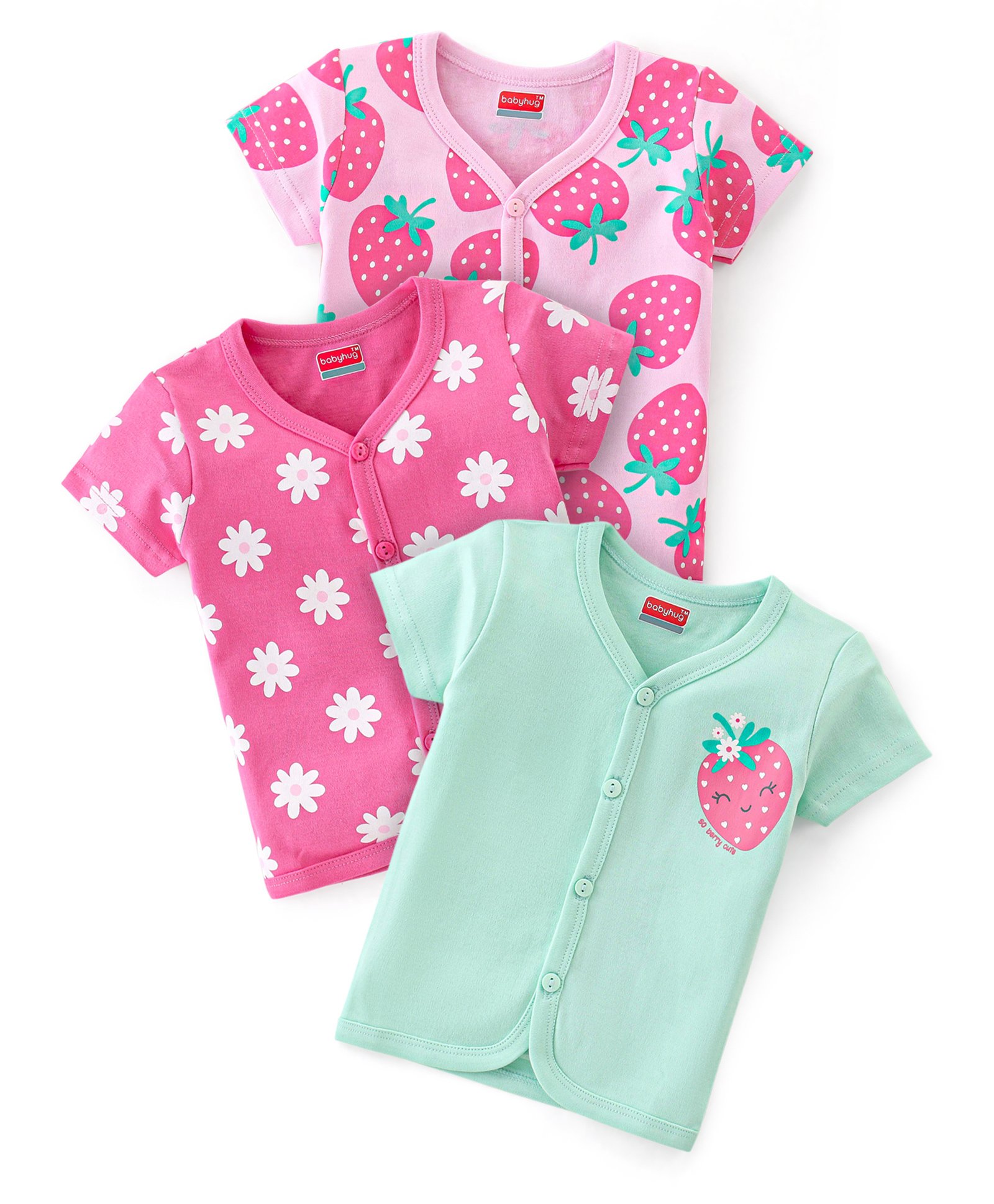 Babyhug 100% Cotton Knit Half Sleeves Vests Floral & Strawberry Print Pack of 3 - Pink & Blue-picture-19