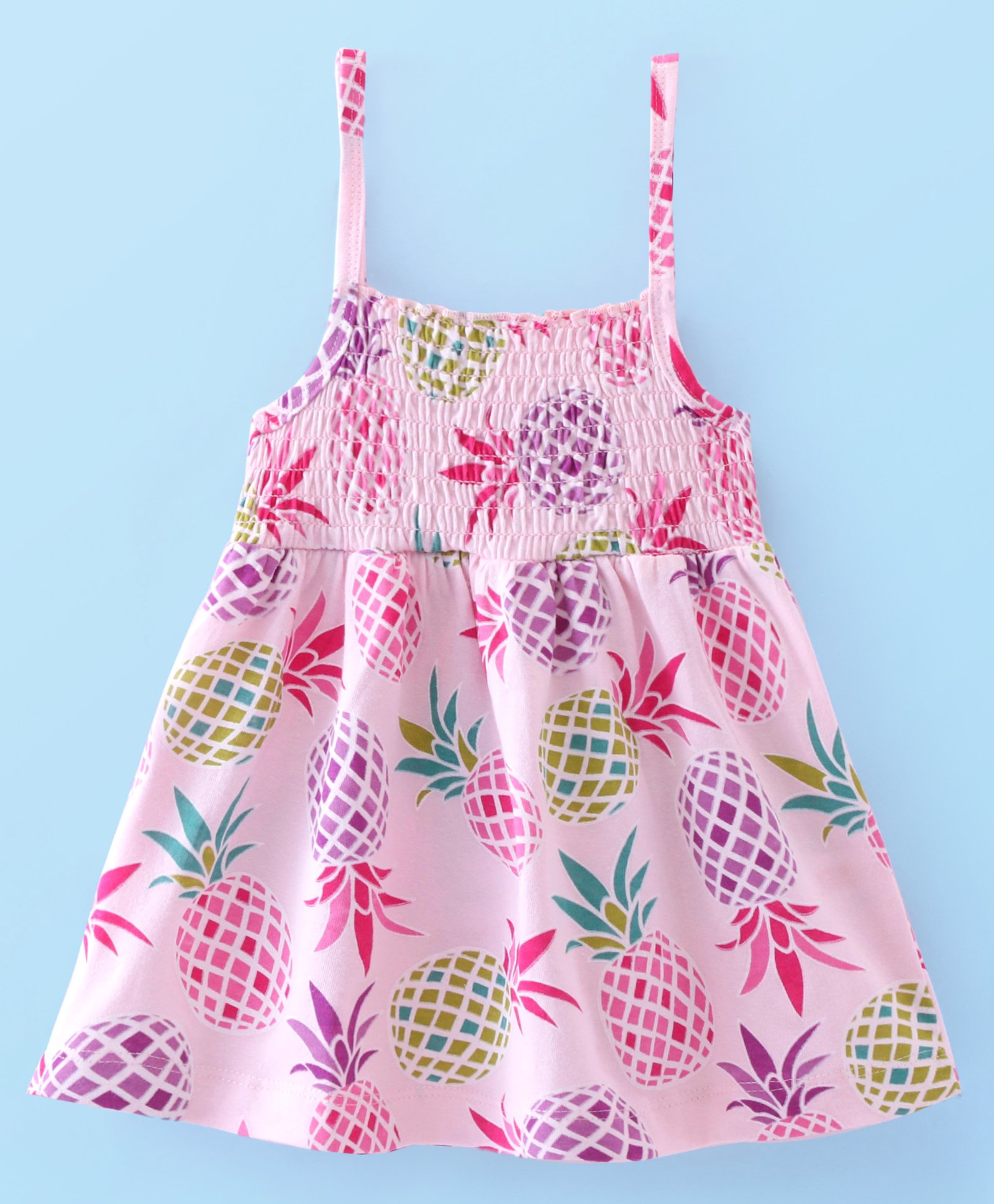 Babyhug Cotton Knit  Sleeveless Top with Smocking & Pineapple  Print - Pink-image-41