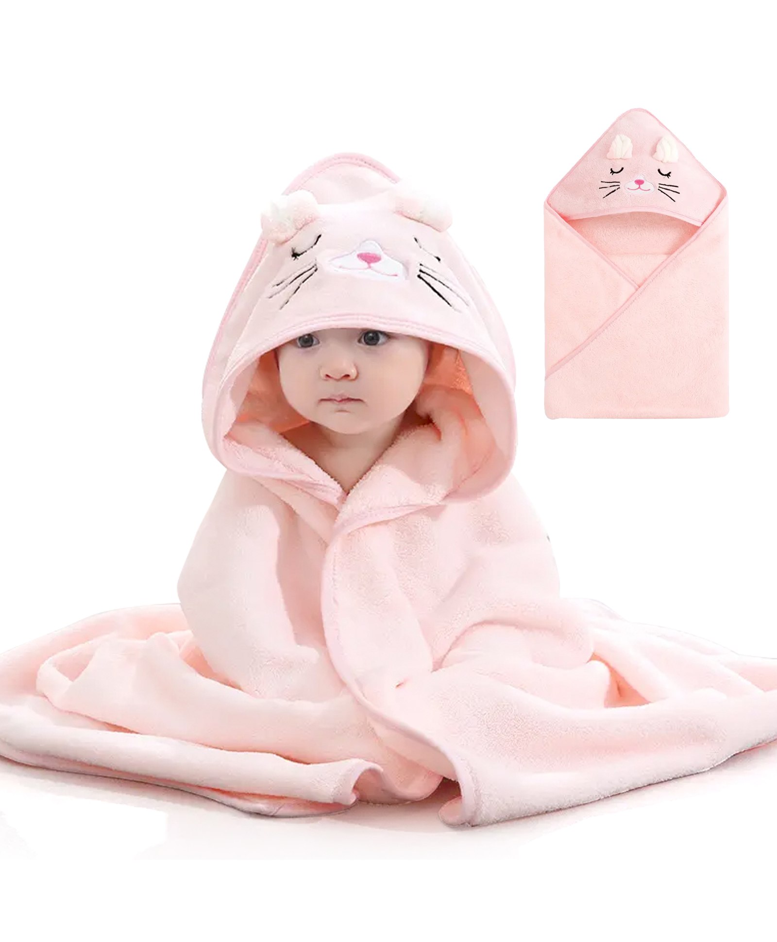 MumsLap Cat Detailed Hooded Premium Soft  Towel - Pink