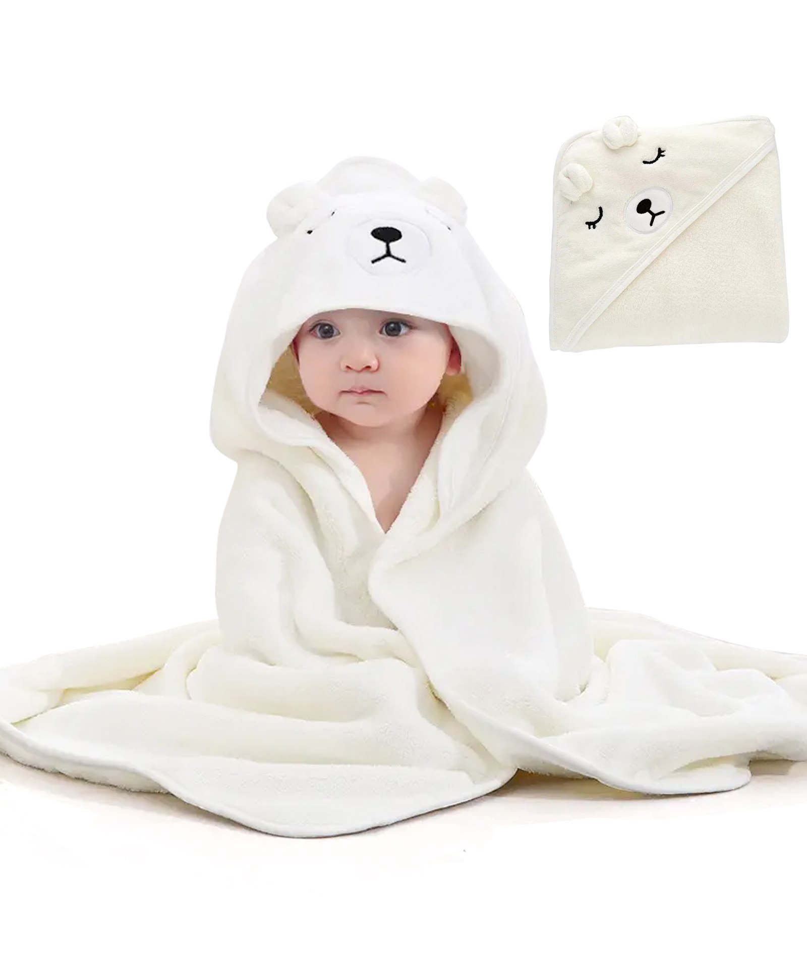 MumsLap Bear  Detailed Hooded Premium Soft  Towel - White