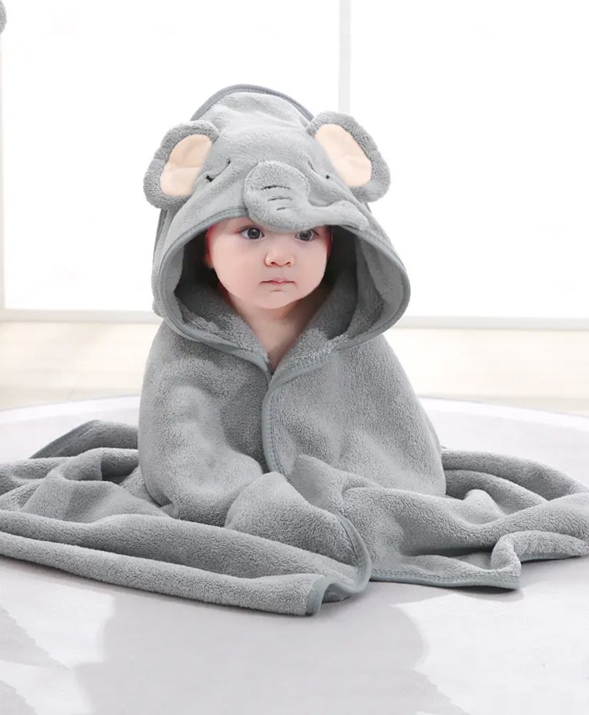 MumsLap Elephant  Detailed Hooded Premium Soft  Towel - Dark Grey