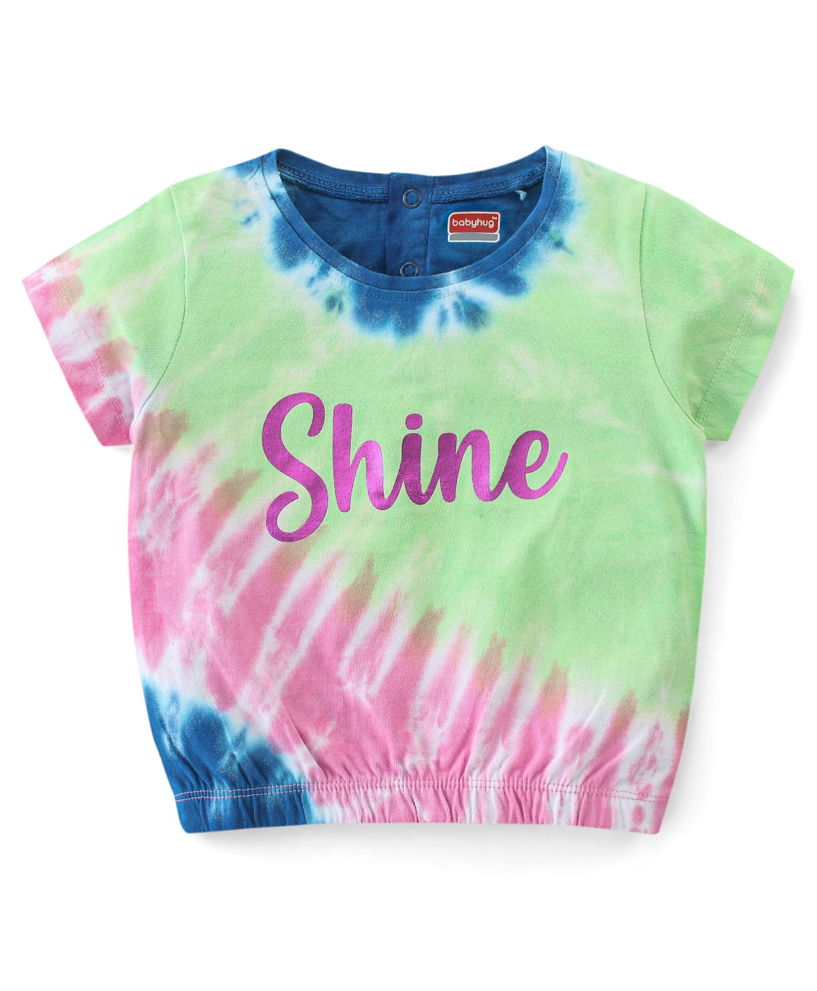 Babyhug Cotton Knit Half Sleeves Tie and Dye Top With Elastic Hem & Foil Text Print - Multicolor-image-7