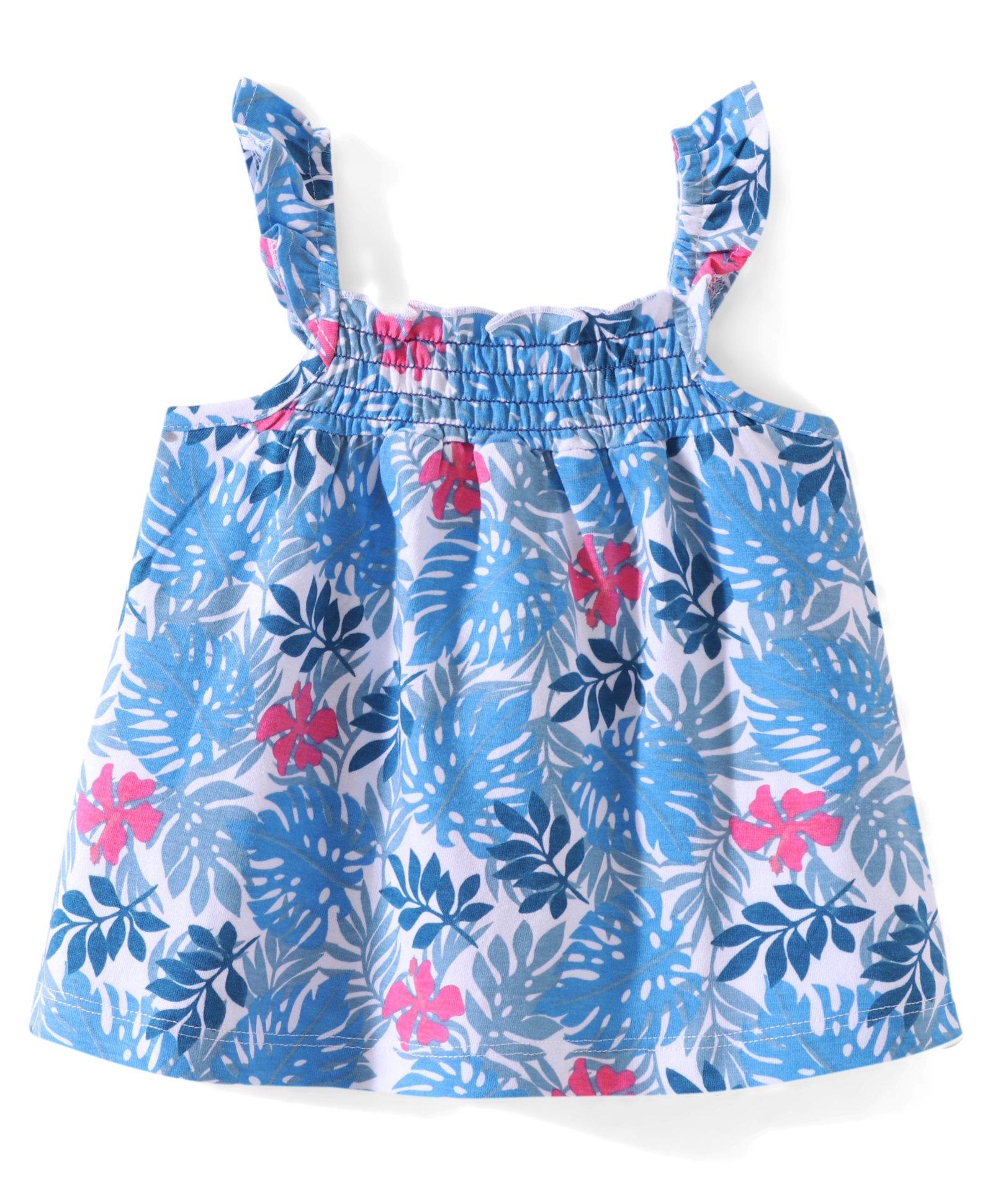 Babyhug Cotton Knit Sleeveless Top with Smocking & Floral Print - Blue-picture-12