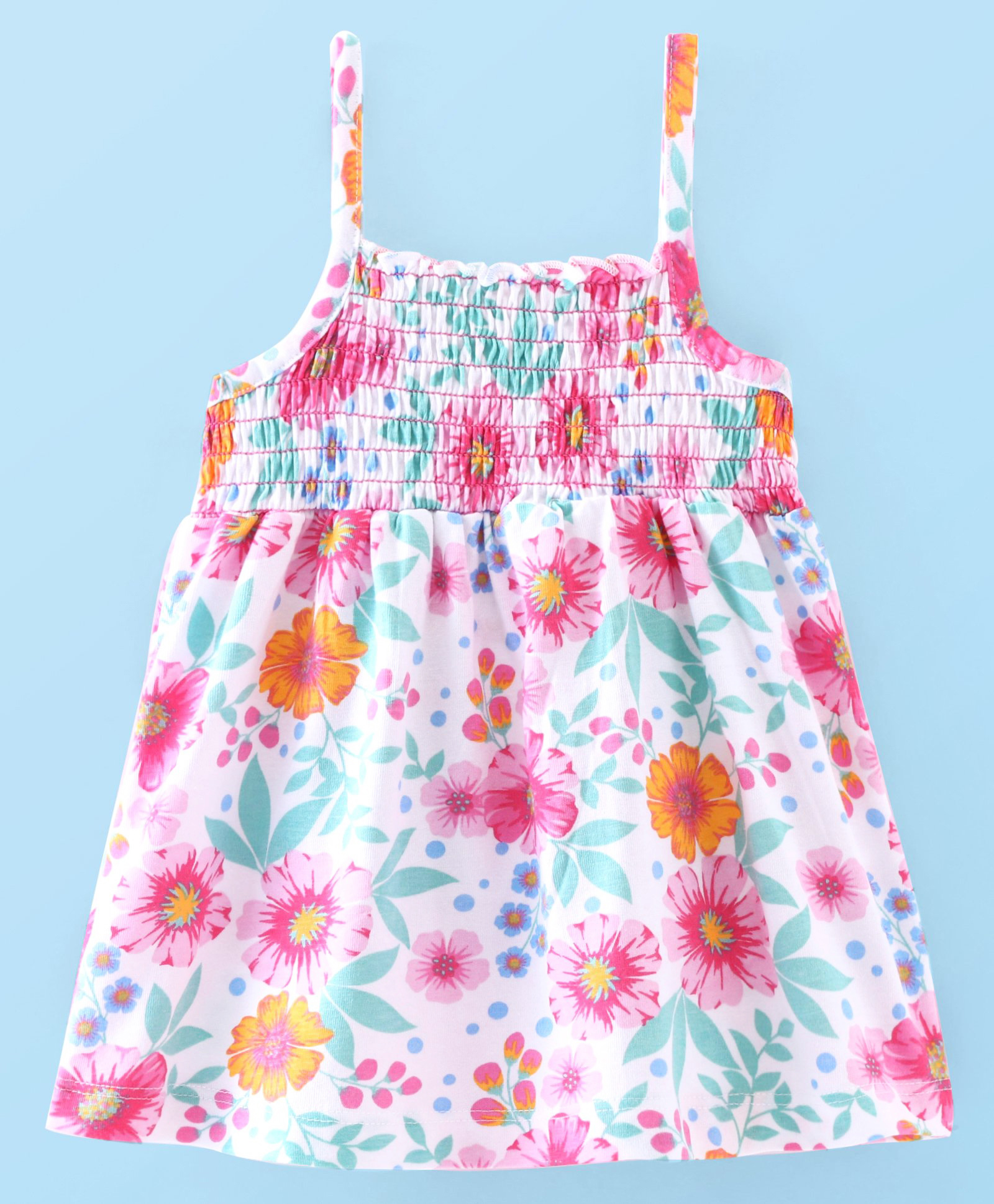 Babyhug Cotton Knit Sleeveless Top with Smocking & Floral Print - White-image-39