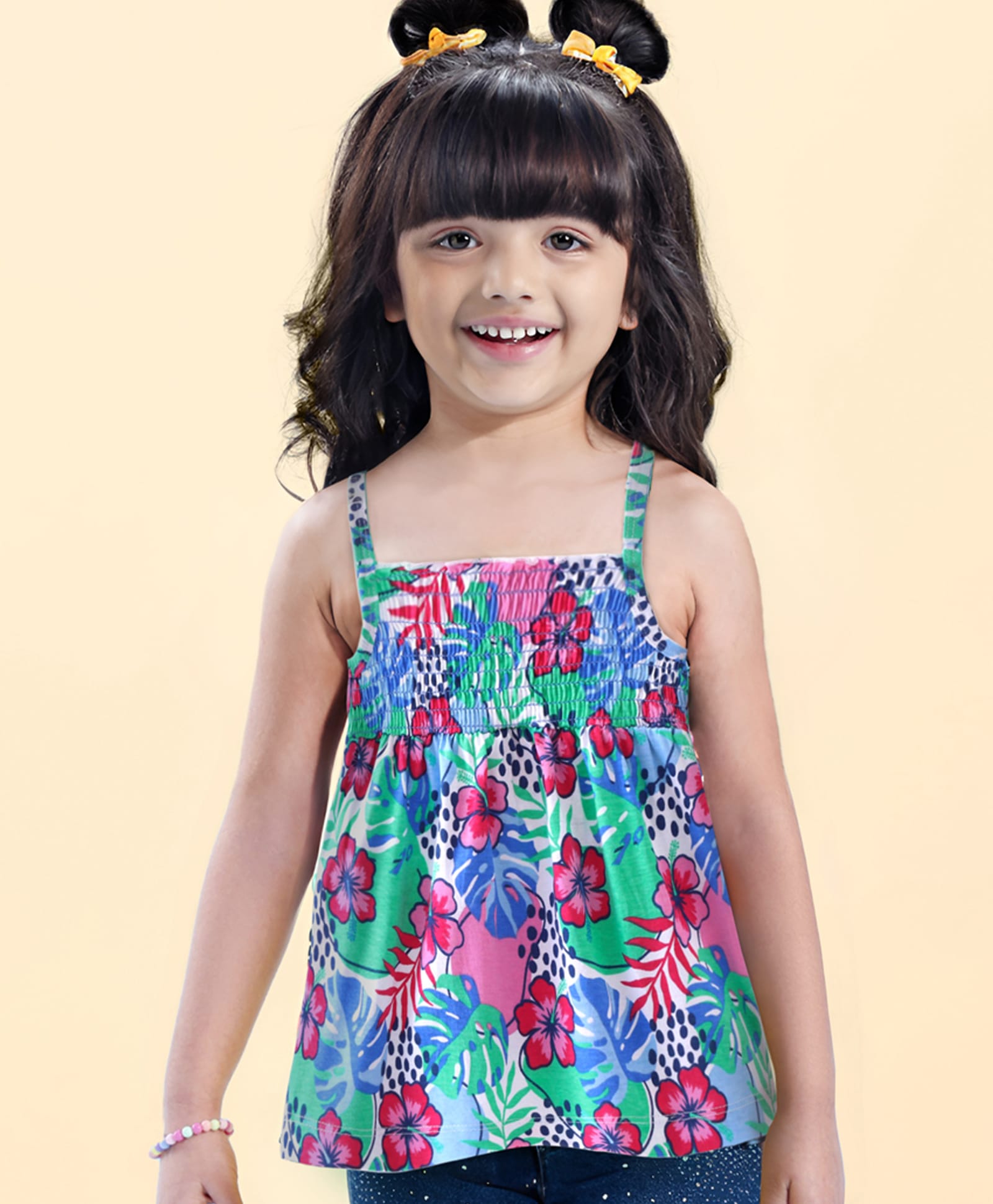 Babyhug Cotton Knit  Sleeveless Top with Smocking & Floral Print - White-picture-15