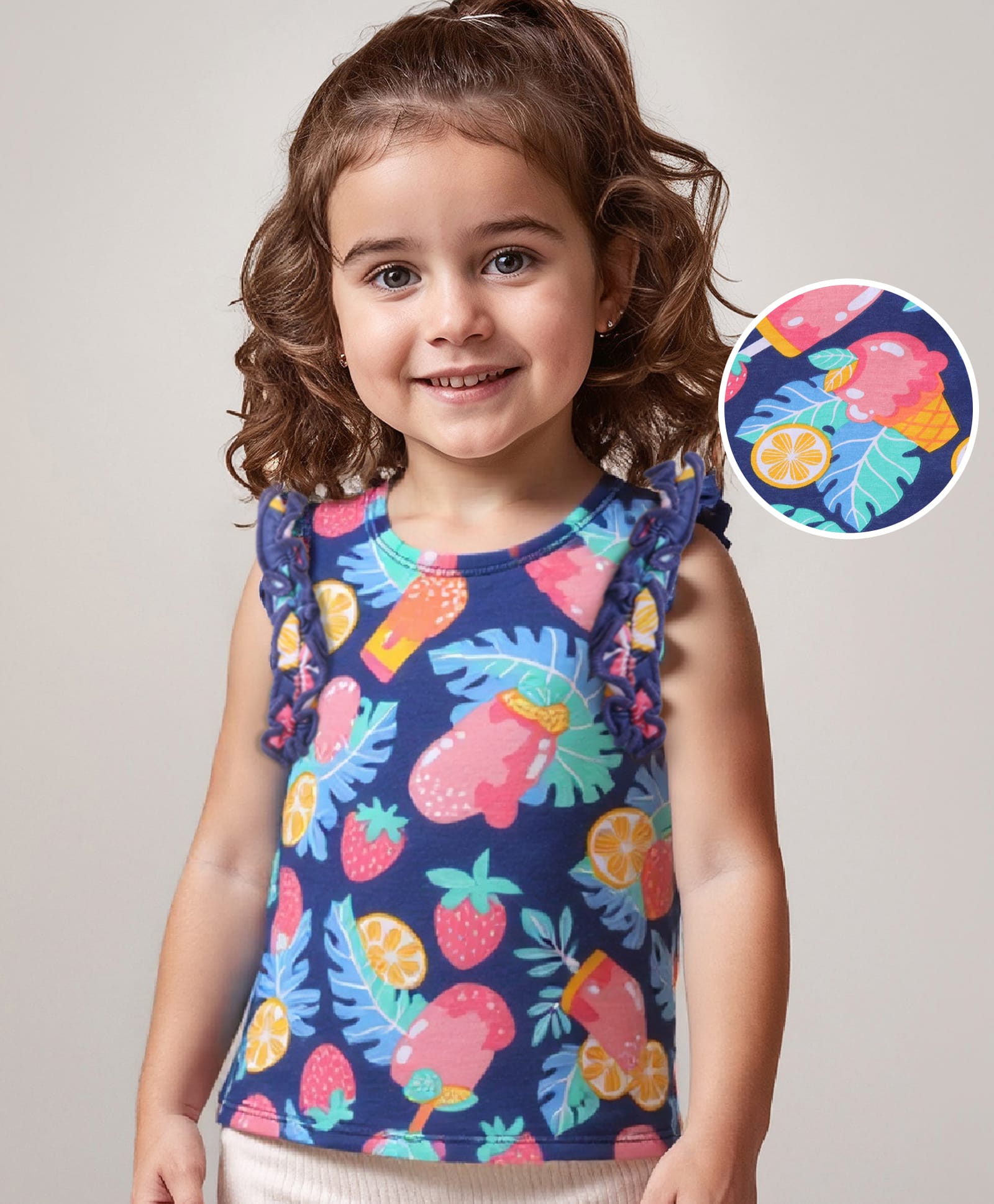 Babyhug Cotton Knit Sleeveless T-Shirt with Ice Cream Print - Navy Blue-image-48