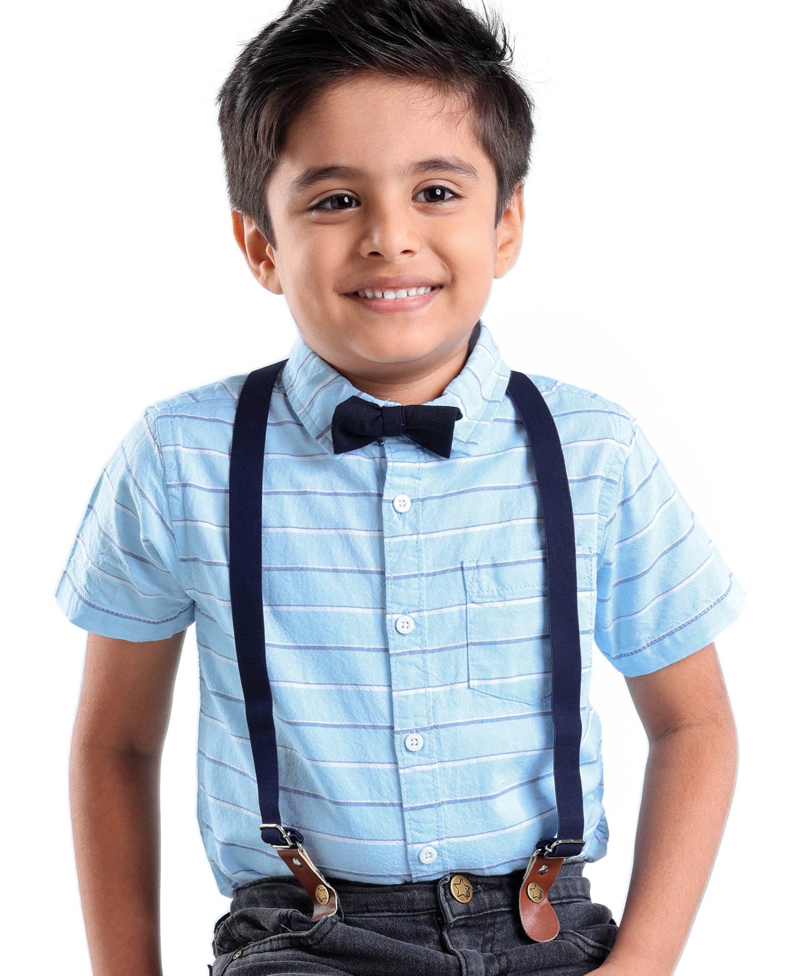 Babyhug 100% Cotton Woven Half Sleeve Regular Collar Stripe Shirt With Bow & Suspender-Blue-picture-12
