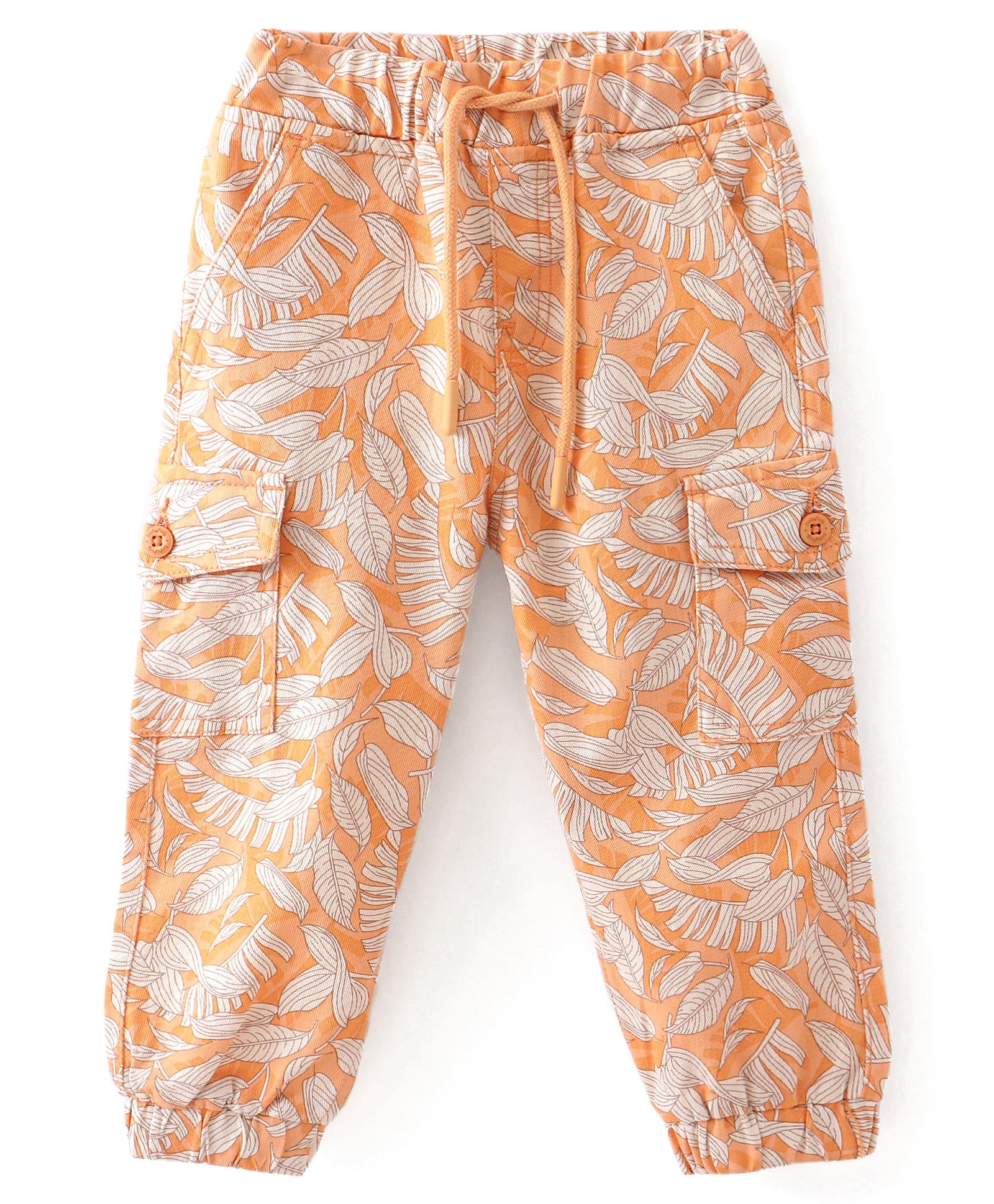 Babyhug Cotton Lycra Woven Full Length Stretchable Tropical Print Pant - Light Orange-picture-23