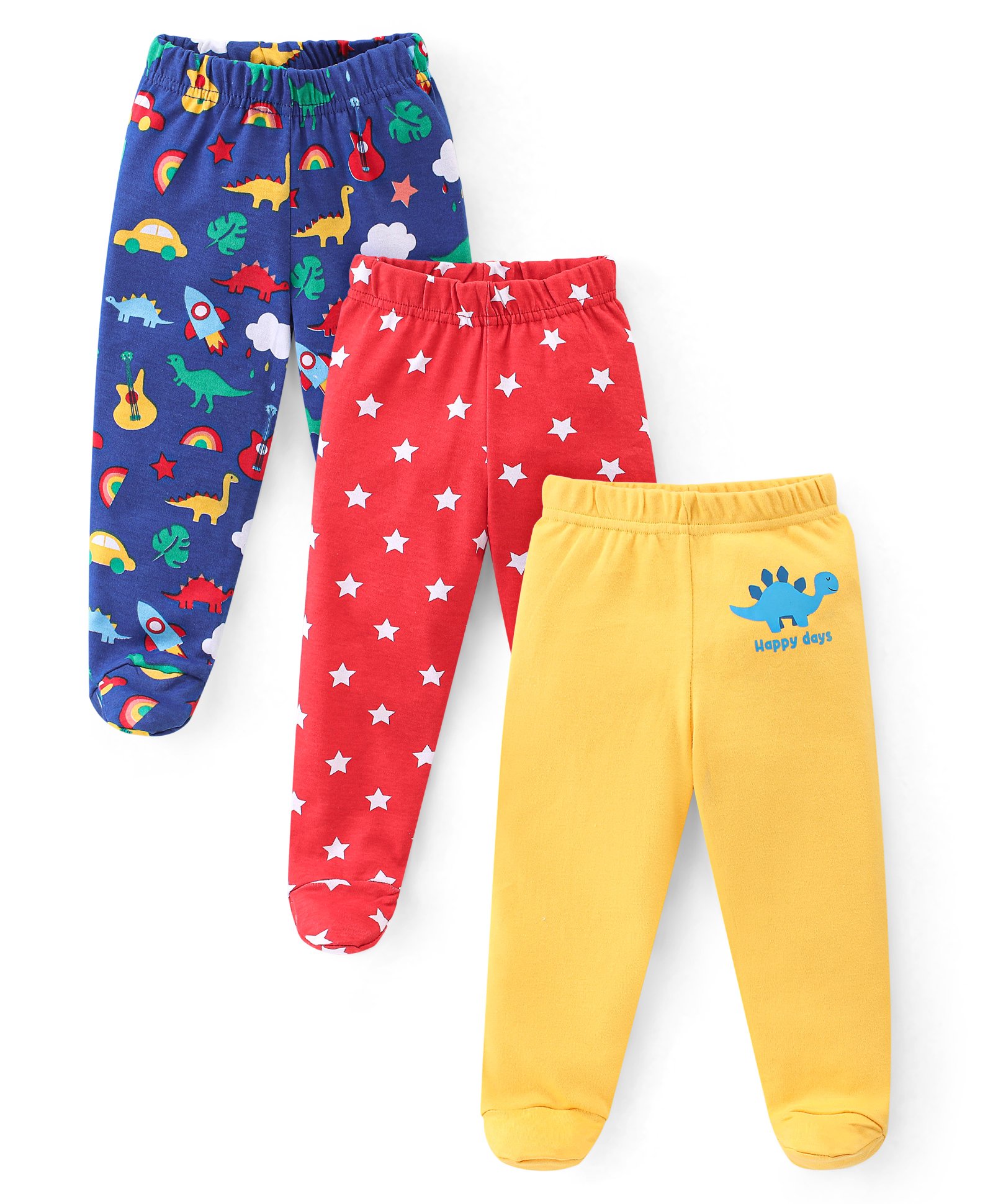 Babyhug Interlock  Cotton Knit  Footed Bootie Leggings Star & Dino Print Pack of 3 - Blue Red & Yellow-image-21