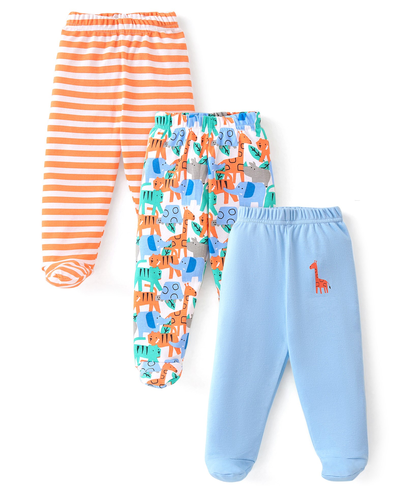 Babyhug Interlock Cotton Knit Footed Bootie Leggings Stripes & Giraffe Print Pack of 3 - Multicolour-image-6