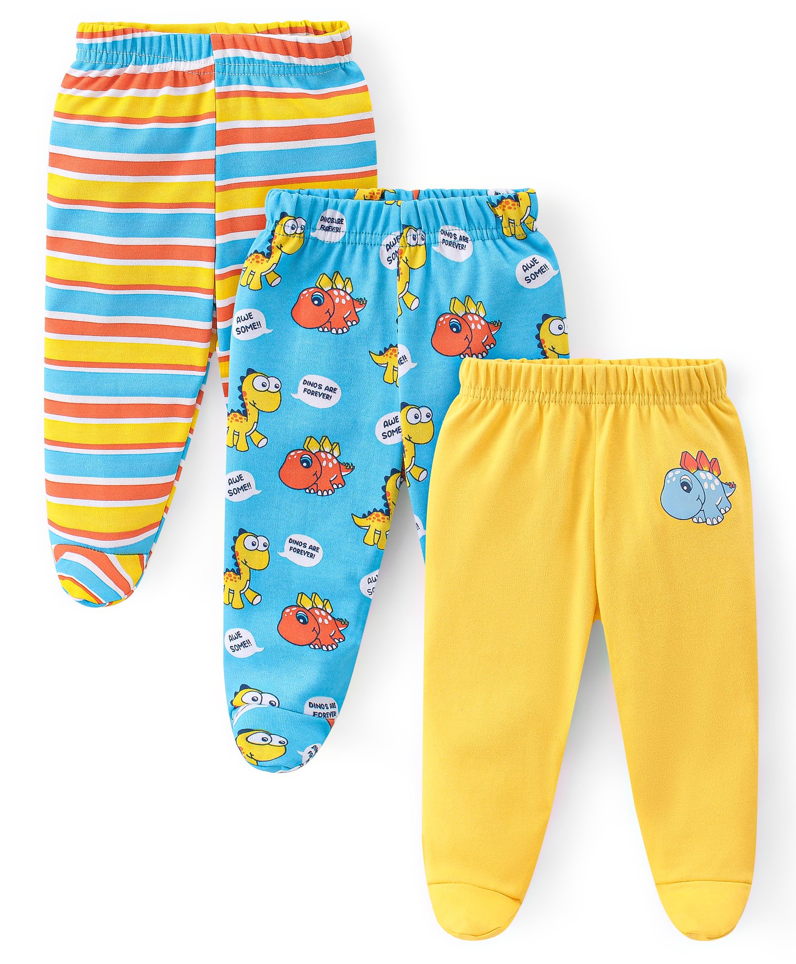 Babyhug Cotton Knit Interlock Footed Bootie Leggings Striped & Dino Print Pack of 3 - Blue & Yellow-image-48
