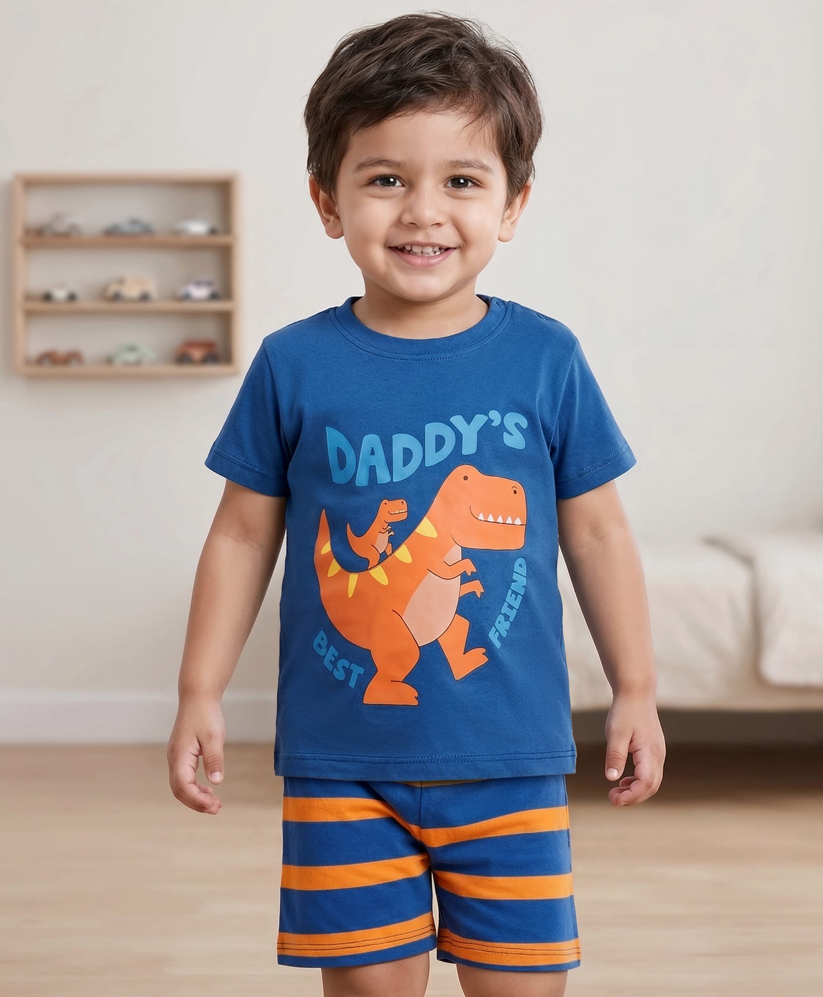 Babyhug Cotton Knit Half Sleeves Night Suit With Dino Print - Blue-image-31