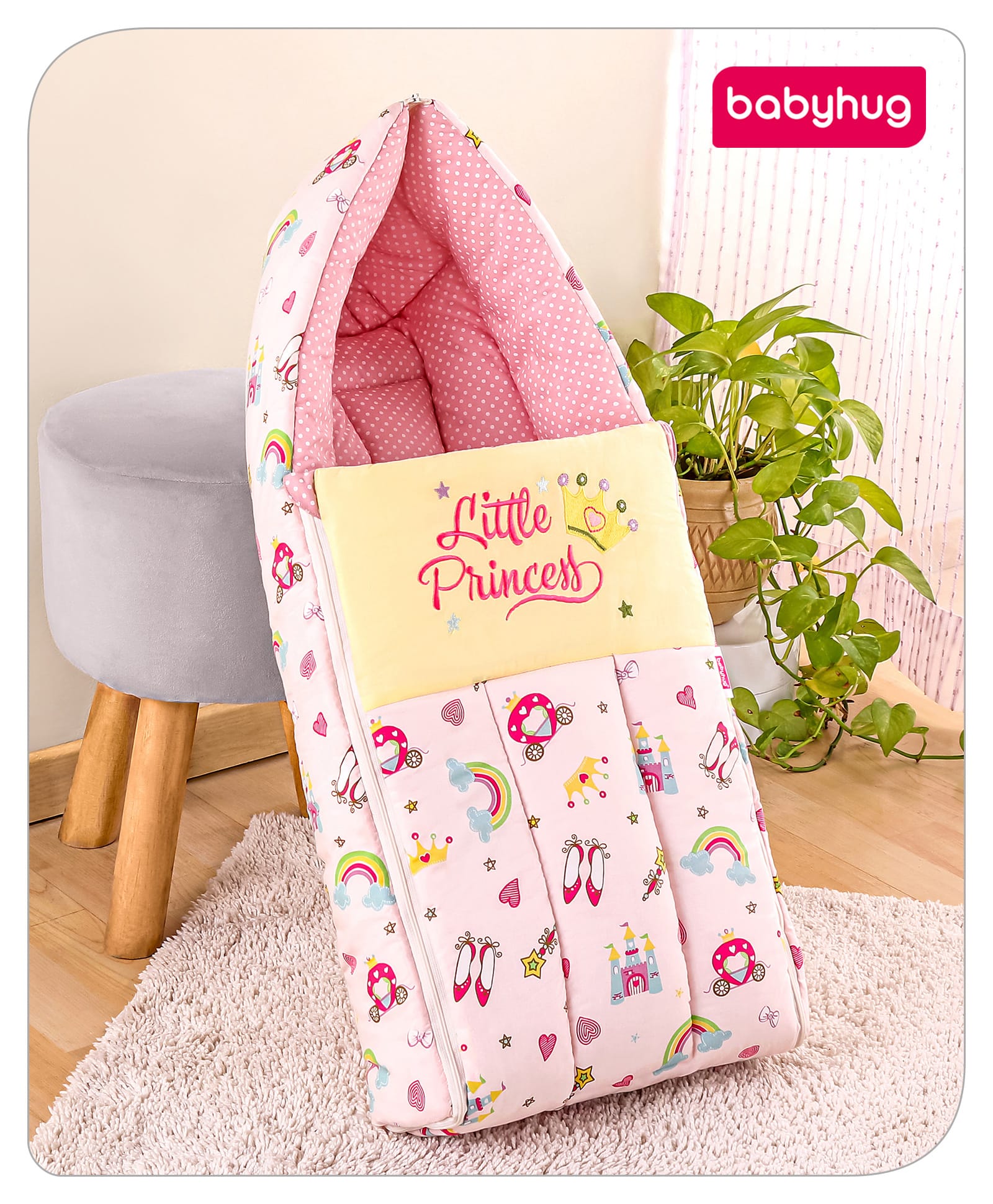Babyhug 3 in 1 Baby Carry Nest Cum Sleeping Bag Little Princess Embroidery - Pink-image-10