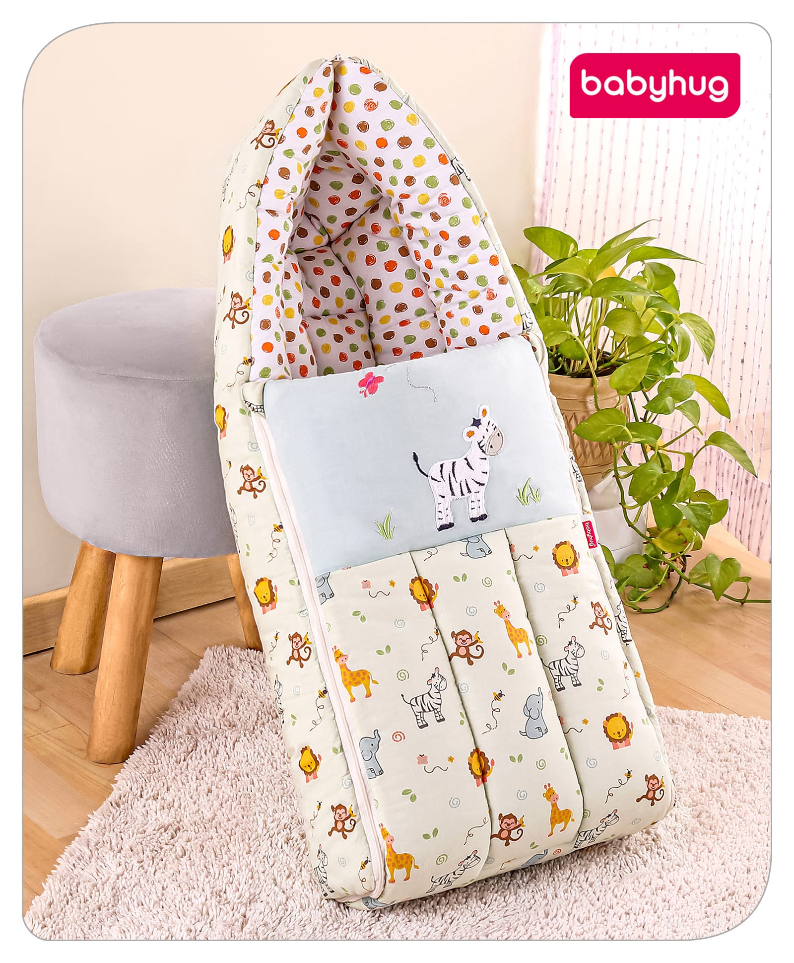 Babyhug 3 in 1 Baby Carry Nest Cum Sleeping Bag Zebra Embroidery  - Green-image-9