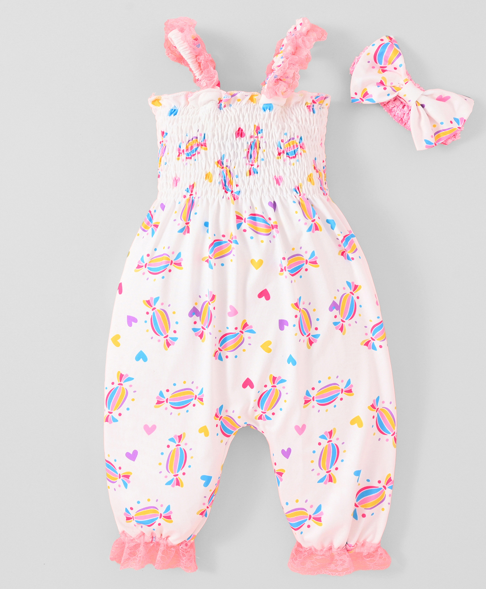 Kookie Kids Sleeveless Jumpsuit with HeadbandCandy Print - White-picture-19