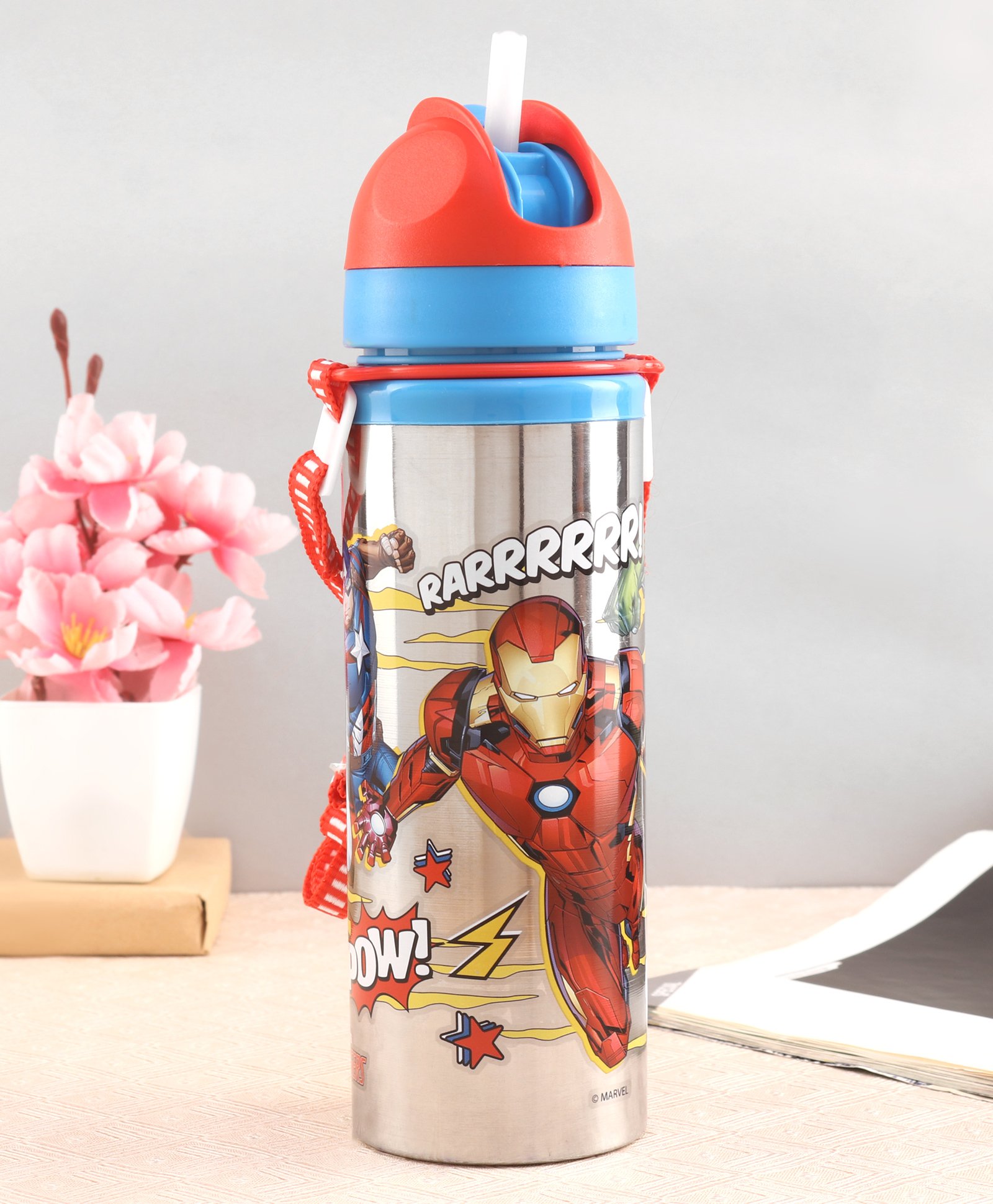 Avengers Steel Water Bottle With Pop-up Straw Red - 650 ml (Print may vary)-image-39