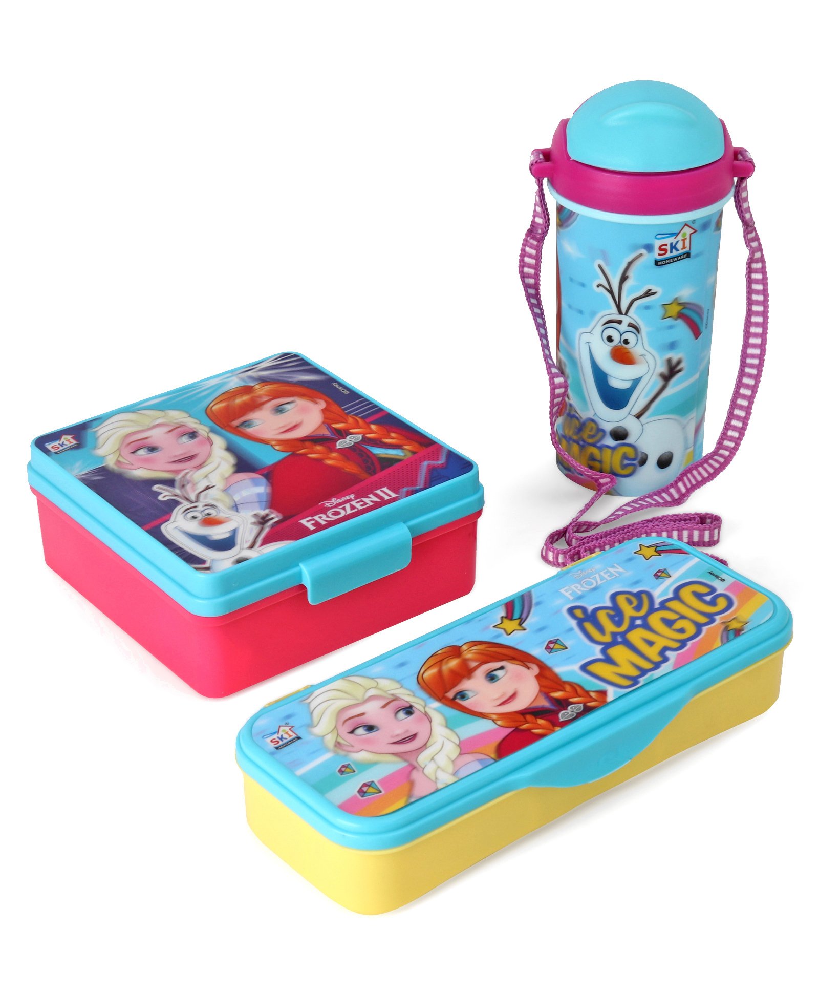 Disney Frozen School Combo Set With Lunch Box Water Bottle & Pencil Box- Blue