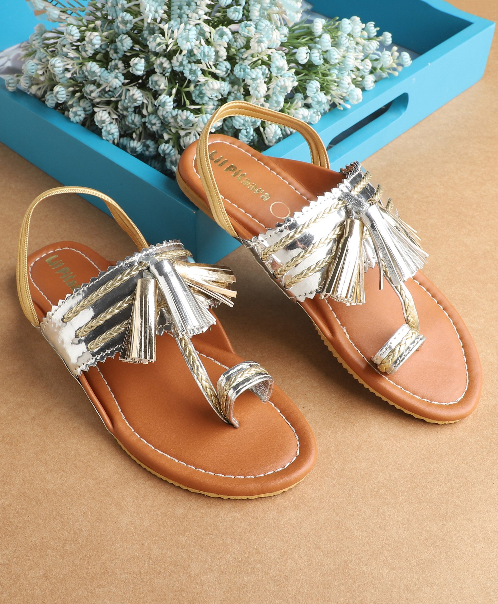LIL PITAARA Braided  Lace & Tassel Detailed Kolhapuri Sandals - Tan-image-11